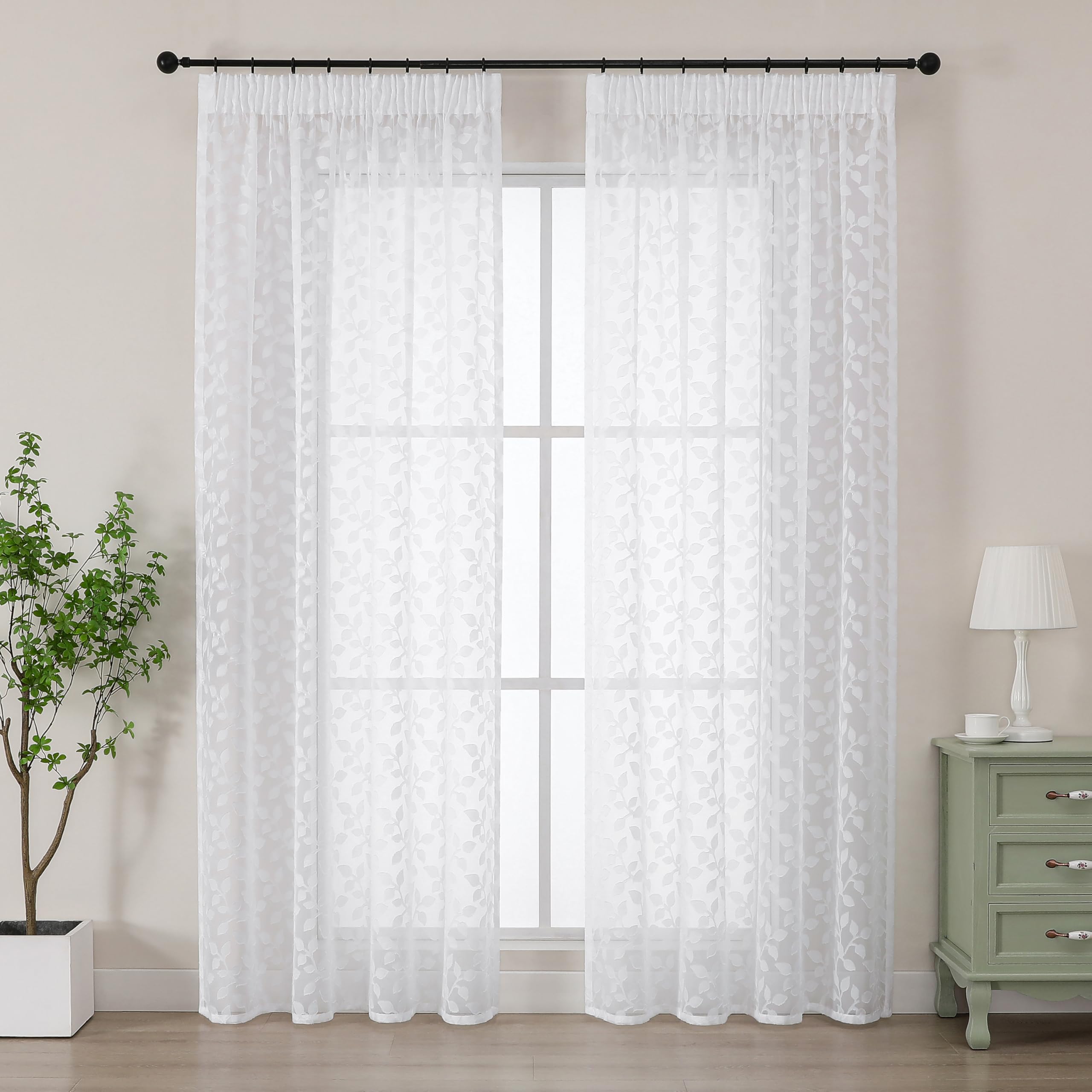 Simplebrand White Sheer Curtains Charlton Leaf 2 Panels W140 x L200cm, Clip Jacquard Pencil Pleat Drapes, Semi-Sheer Window Curtains for Living Room Patio Doors, Modern Decorative All Season