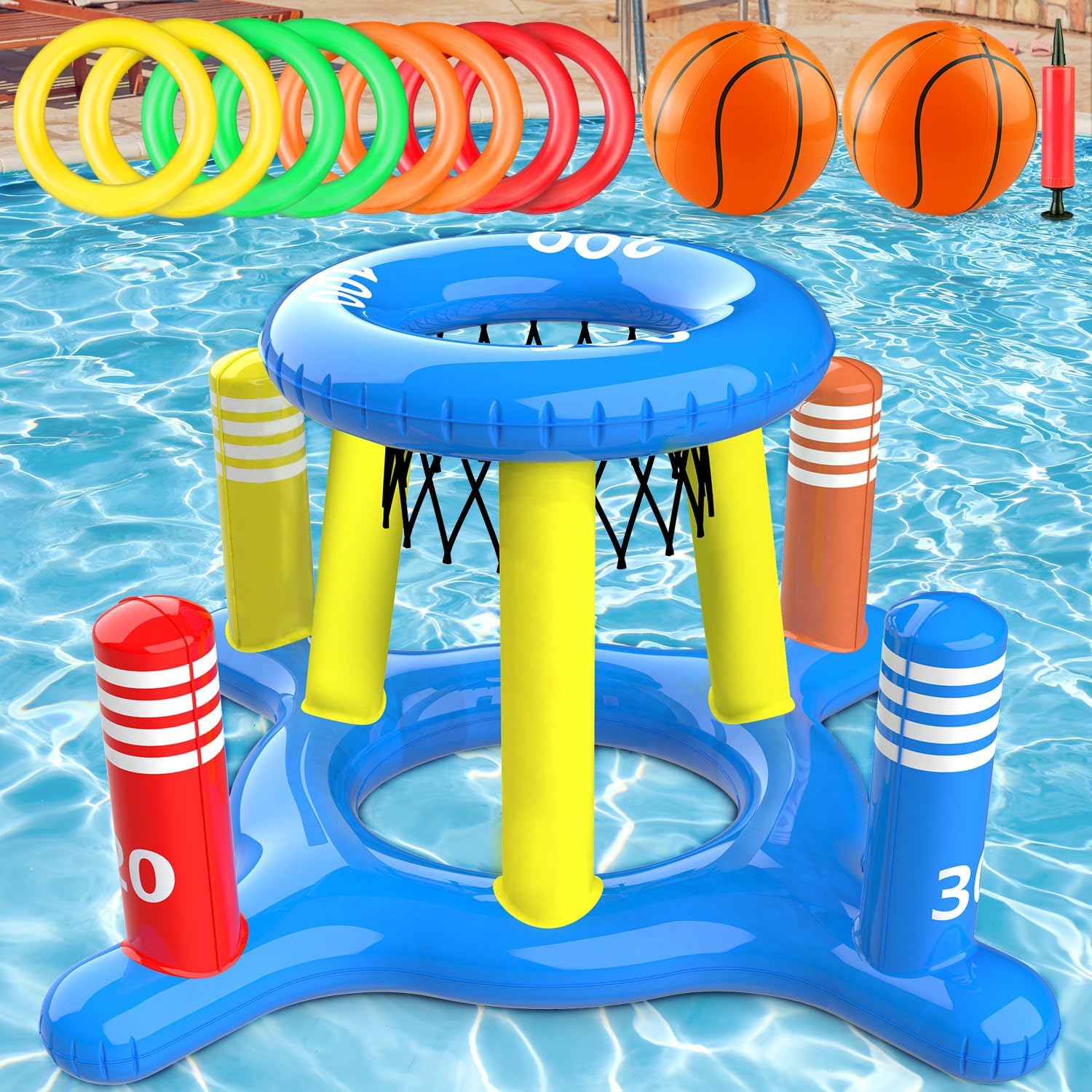 GiziGizi Pool Toys for Kids Adult, 2in1 Inflatable Pool Floats Basketball Hoop & Ring Game, Swimming Pool Games for Adults and Family, Outdoor Party Poolside Water Toy for Boys Girls Kids Ages 4-8-12