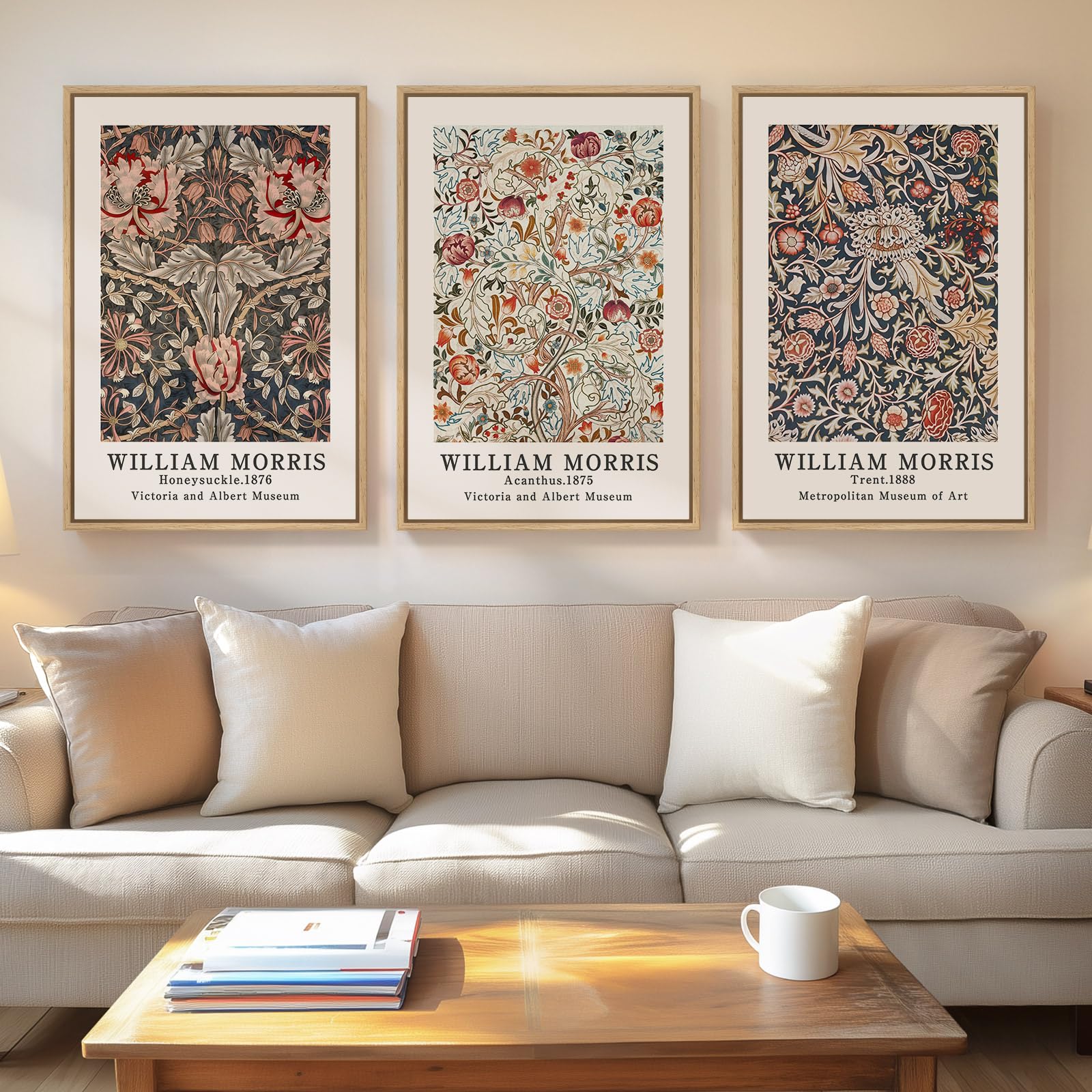 Framed Vintage William Morris Canvas Wall Art Set of 3, Large Retro Floral Artwork Prints, Rustic Farmhouse Botanical Aesthetic Wall Decor for Living