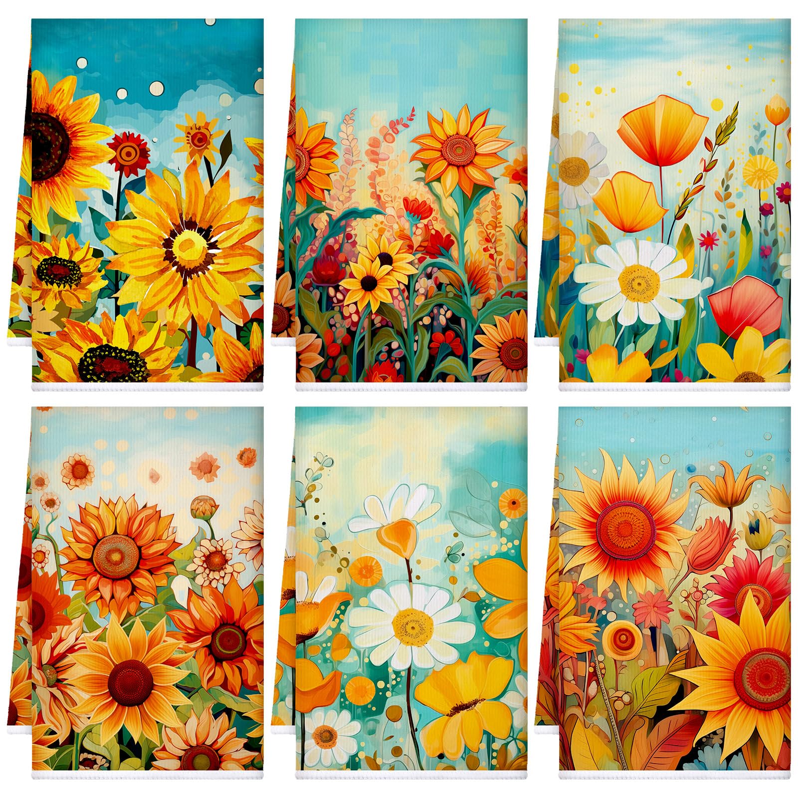 Torchons de cuisine tournesols lot de 6 essuie-mains linge de maison été jaune