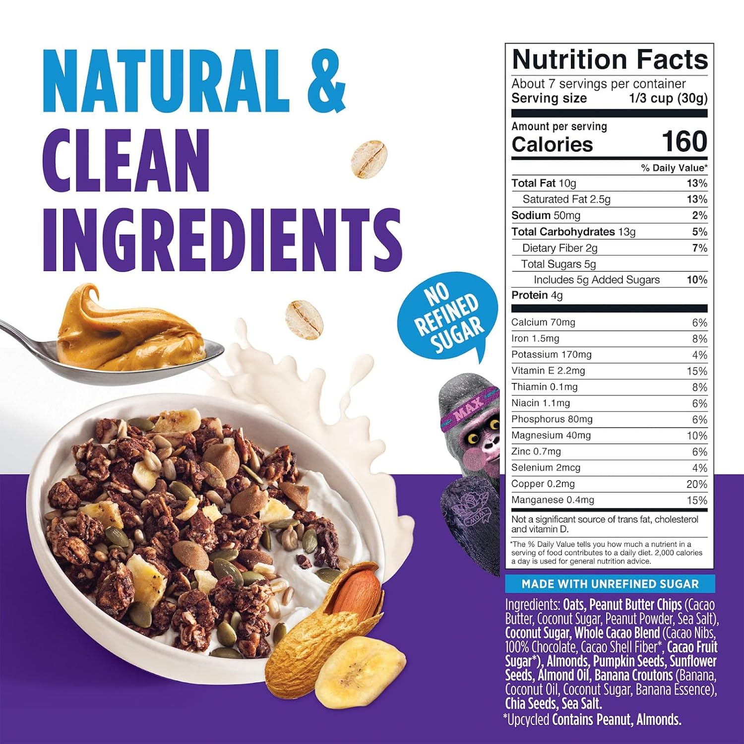 Blue Stripes Whole Cacao Granola - Gluten Free Dark Chocolate Granola for Cereal, Oatmeal, Yogurt, 5g Protein Per Serving, Source of Fiber, Vegan, Low Sugar - Peanut Butter Banana, 7 oz (6 Pack)