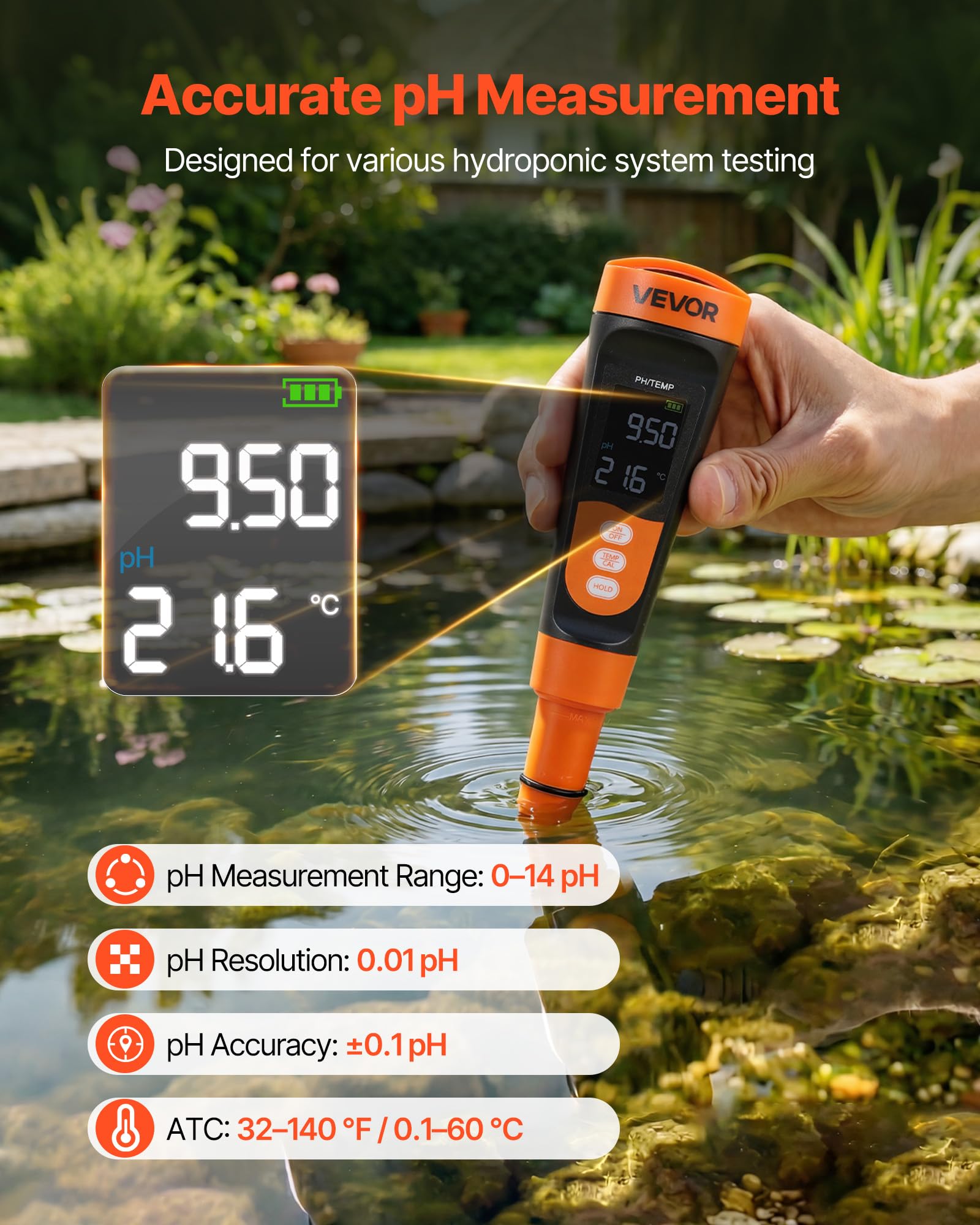 VEVOR pHmetro Portatile, Intervallo di pH 0-14, Sonda Impermeabile IP68, Kit Tascabile con Bustine di Polvere di Calibrazione, Display VA, per Test di Acidità Acqua Potabile Idroponica e Acquario