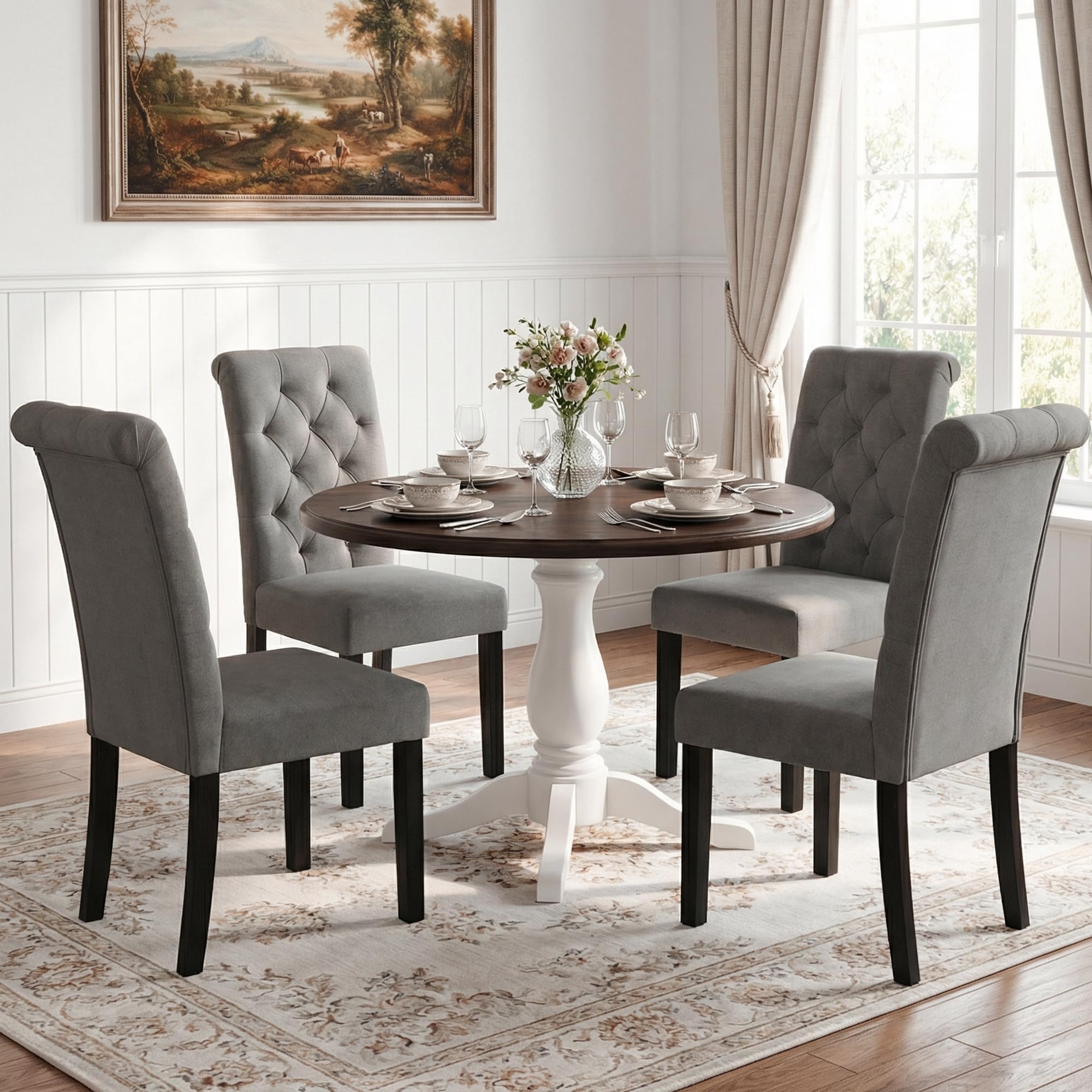 LSSBOUGHT Upholstered Dining Chairs Set of 4,Tufted Parsons Kitchen Chair with Solid Wood Legs, Modern Towel Fabric Side Chair for Dining Room/Restaurant(4pcs,Gray)