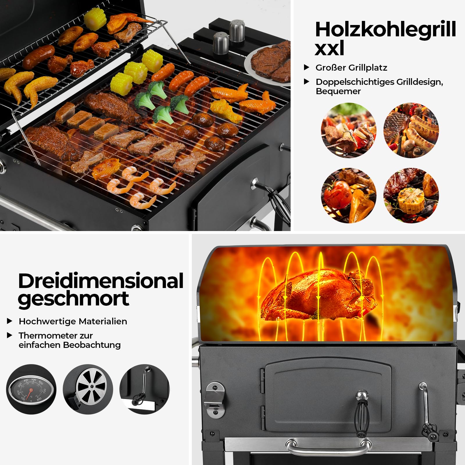 LIFERUN Parrilla Barbacoa Carbon con Tapa, XL BBQ Smoker, Parrilla con Carrito, con 2PCS Ruedas, Termómetro, Grande BBQ Carbon para Camping y Jardín, 102x104x54,5 cm