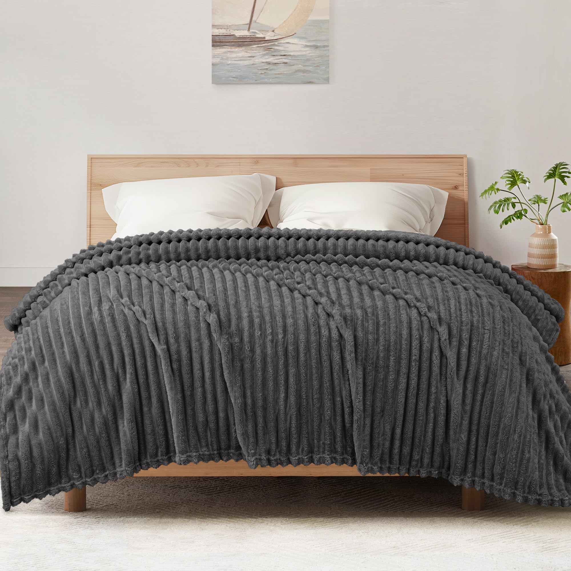 Exclusivo Mezcla King Size Flannel Fleece Blanket, Super Soft Striped Jacquard Bed Blanket - Image 2