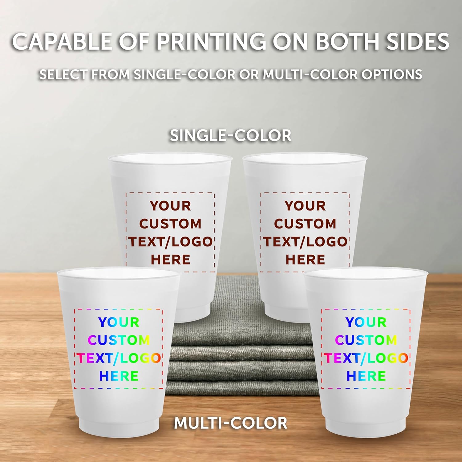 DISCOUNT PROMOS Custom Frosted Plastic Stadium Cups, 10/50/100 pack, Promotional Text, Logo, 16 oz. Shatterproof Flexible Reusable Party Cups, Natural