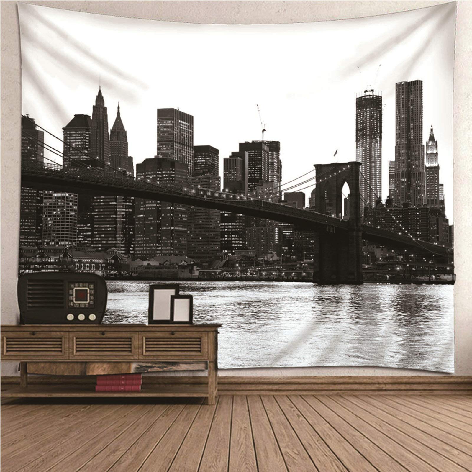 Tapiz de pared con paisaje urbano en blanco y negro ideal como colcha de playa o mantel de mesa