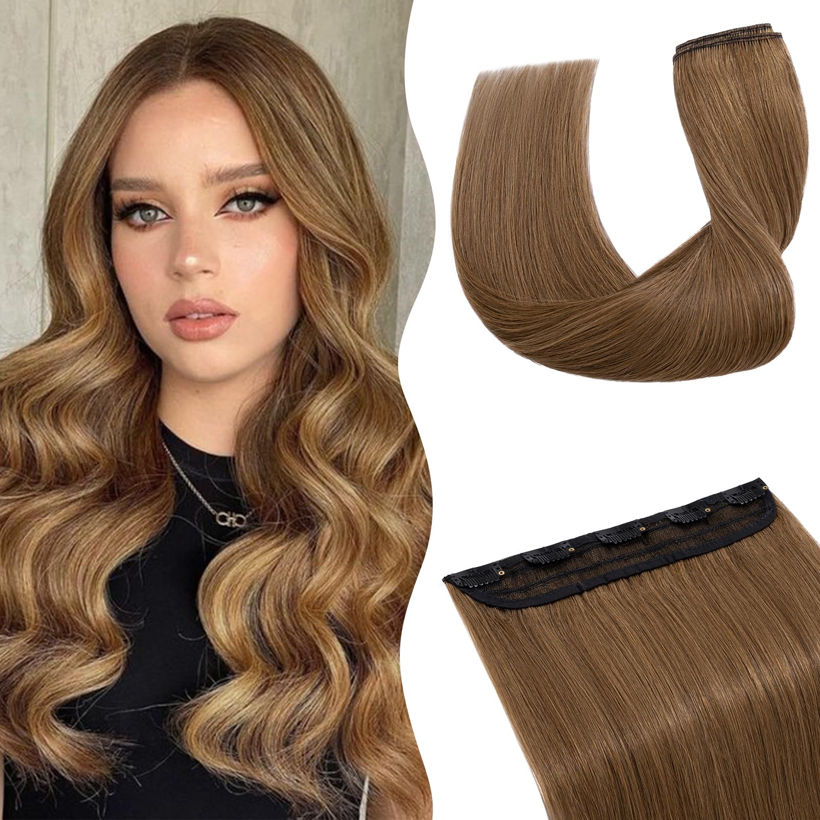 TESS Clip In Hair Extension,Hair Extensions Real Human Hair One Peice 5 Clips Straight Natural Hairpieces for Womens/Girls(#6 Light Brown,12Inch)