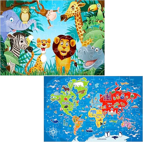 Rompecabezas de piso jumbo para niños, rompecabezas de mapa del mundo animal, rompecabezas grandes de 48 piezas de 3 a 6 años para niños pequeños,