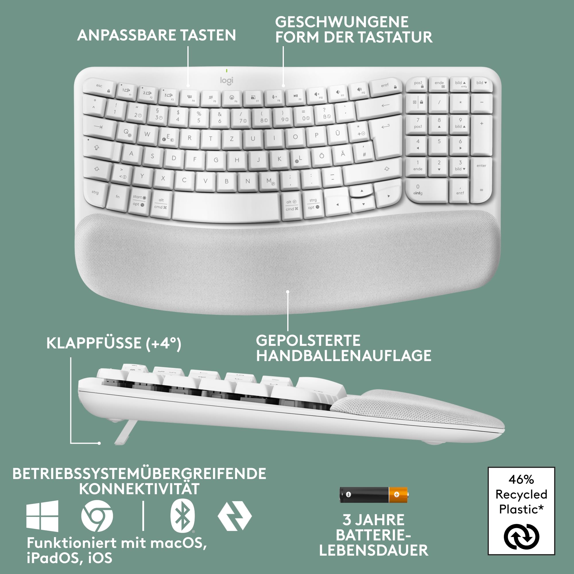 Logitech Wave Keys kabellose ergonomische Tastatur, gepolsterte Handballenauflage, natürliches Tippen, Easy-Switch, Bluetooth, Logi Bolt, Multi-OS,Windows/Mac, Deutsches QWERTZ Layout-Weiß