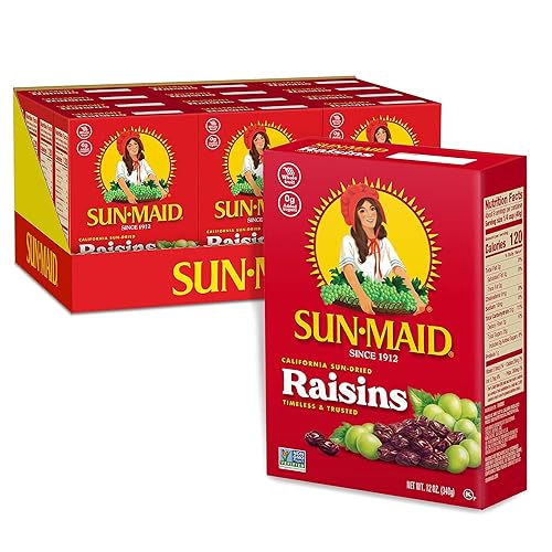 Sun-Maid California Raisins Cajas de 12 onzas Paquete de 12 Fruta seca natural entera Sin azúcar añadido Naturalmente libre de gluten Sin OMG