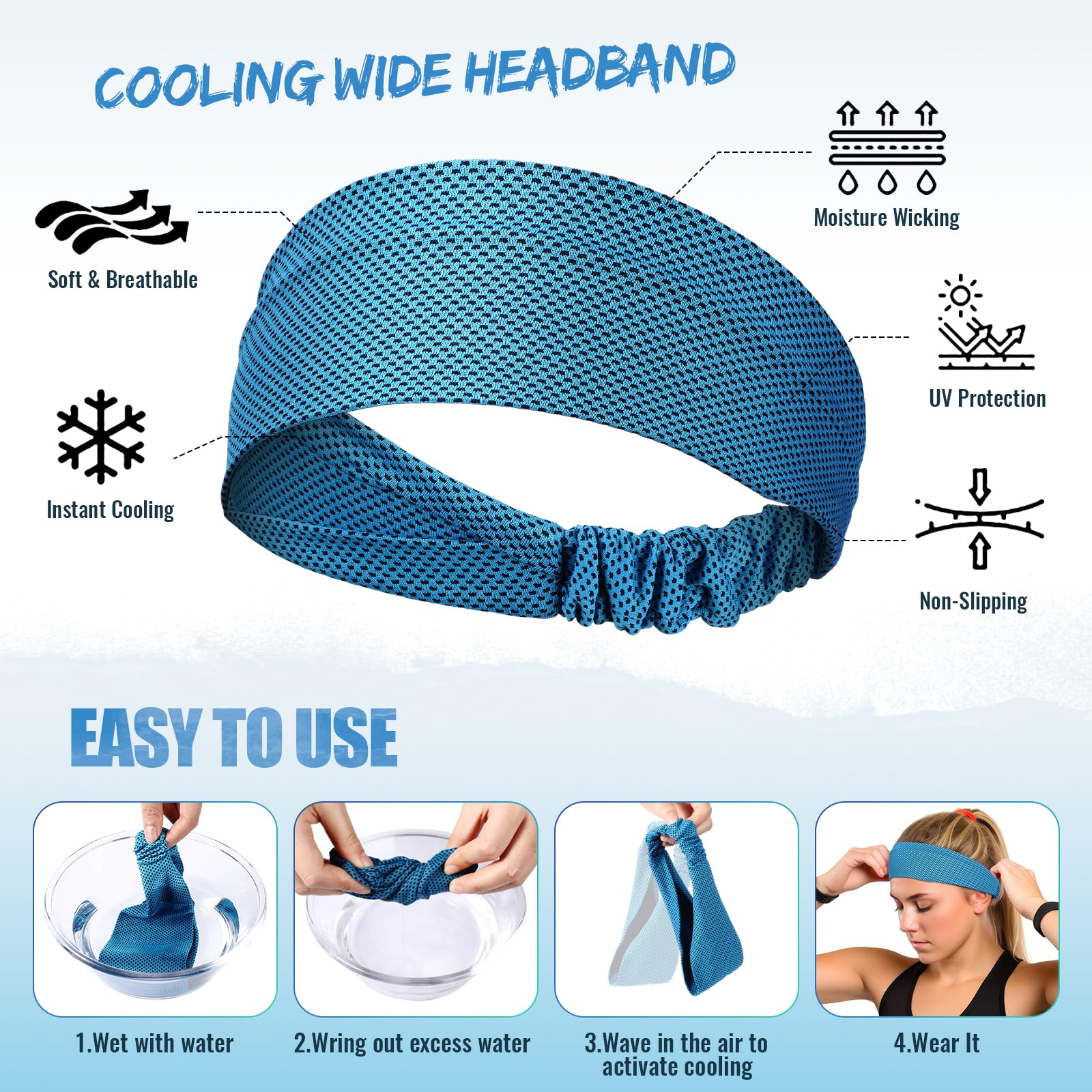 Coume 4 Pcs Cooling Headbands for Women Men Sweat Absorbing Headbands Stretchy Sports Hair Bands for Running, Yoga, Golf, Camping, Biking, Tennis(Sky Blue, Black, Gray, Rose Red)