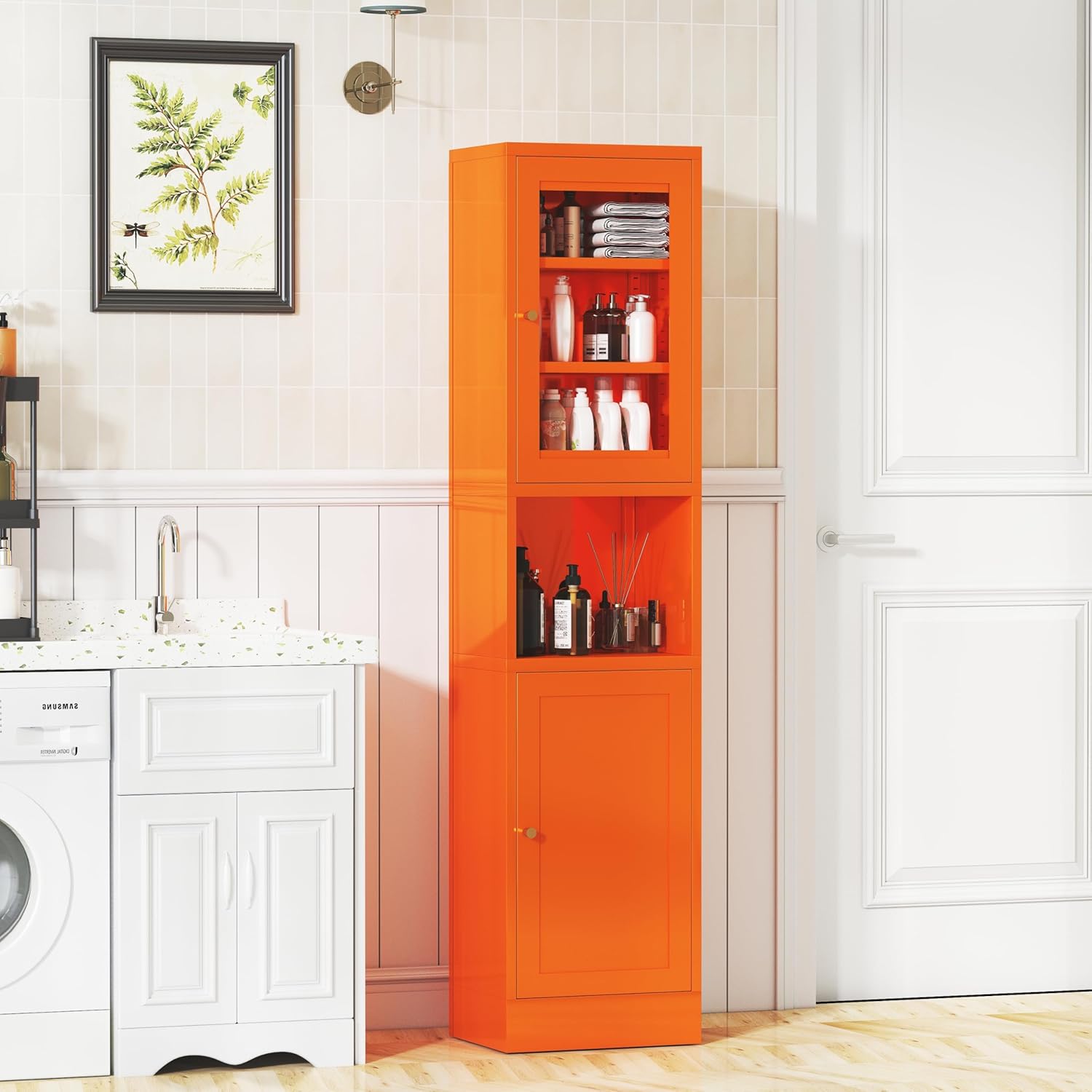 69" Tall Metal Pantry Cabinet with Microwave Stand,Microwave Storage Cabinet with 2 Doors & 3 Adjustable Shelves for Kitchen (2 Glass Doors-Orange, 11.81" D x 15.75" W x 66.93" H)