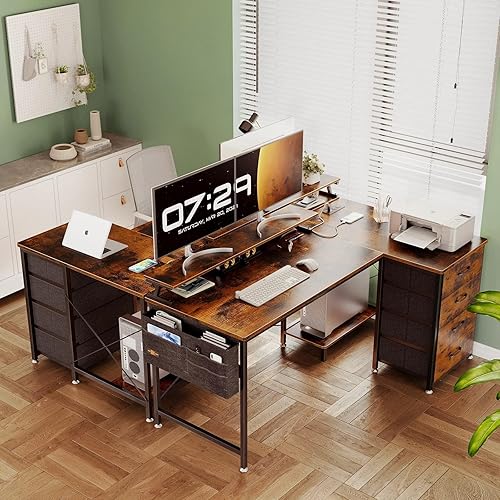 Miniatura 4 de KKL Escritorio para computadora en forma de L de 55 pulgadas con puerto de carga USB y toma de corriente, escritorio esquinero en forma de L con