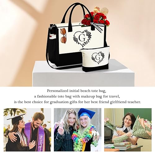 Miniatura 3 de YOOLIFE Bolsa de lona con inicial, bolsa de playa con cremallera, bolsa de maquillaje, regalo de cumpleaños, día de San Valentín, para mujeres,