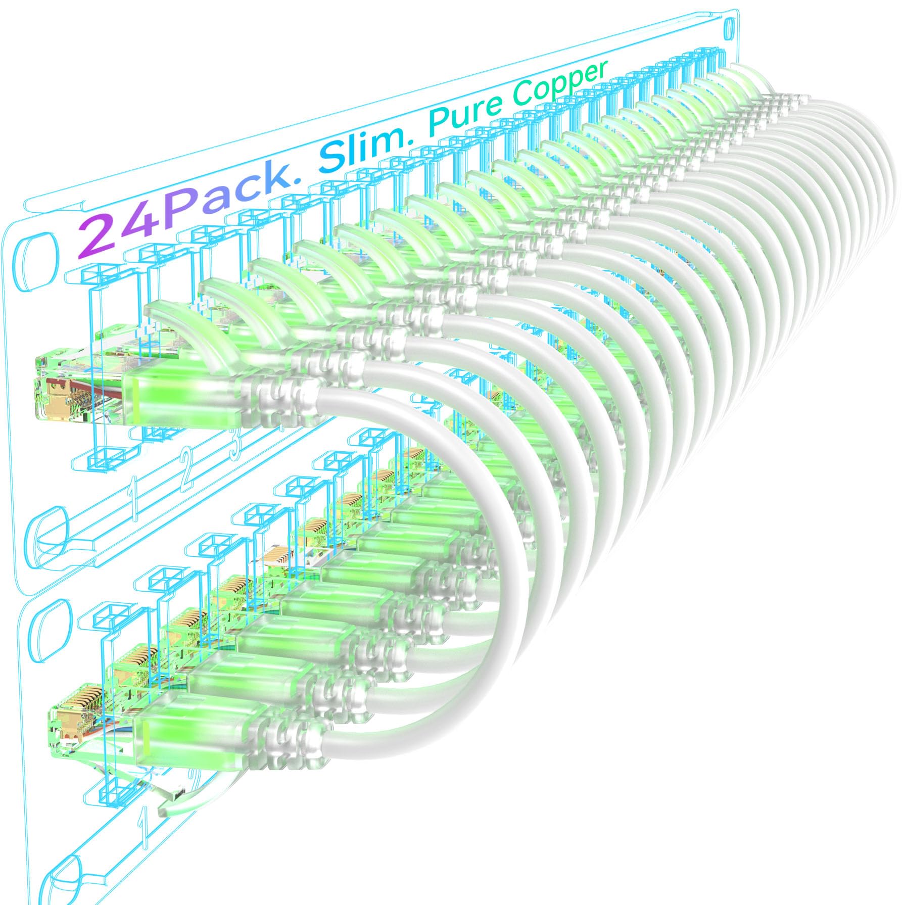 Sokqovt Cat6a Slim Ethernet Patch Cable 5ft (24 Pack), Flexible 10G 550MHZ, 28AWG Pure Copper for Network Cabinet, Cat 6 White