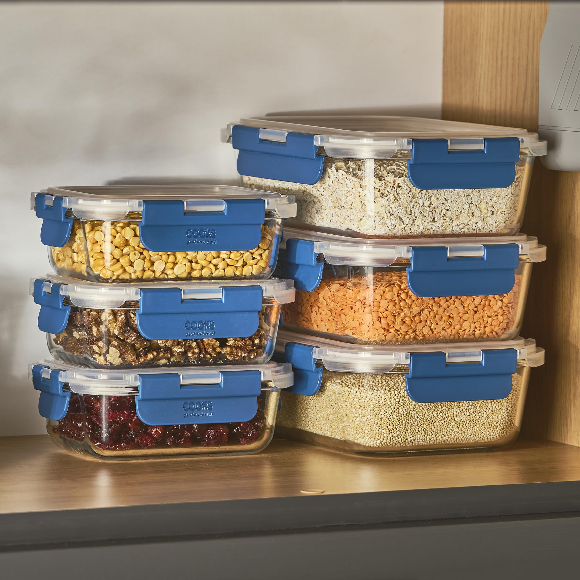 Cooks Professional Set di 10 barattoli in vetro per alimenti con coperchi ermetici in plastica, 10 pezzi, adatti per frigorifero, congelatore, forno e microonde, per conservare pasti e ingredienti, 5
