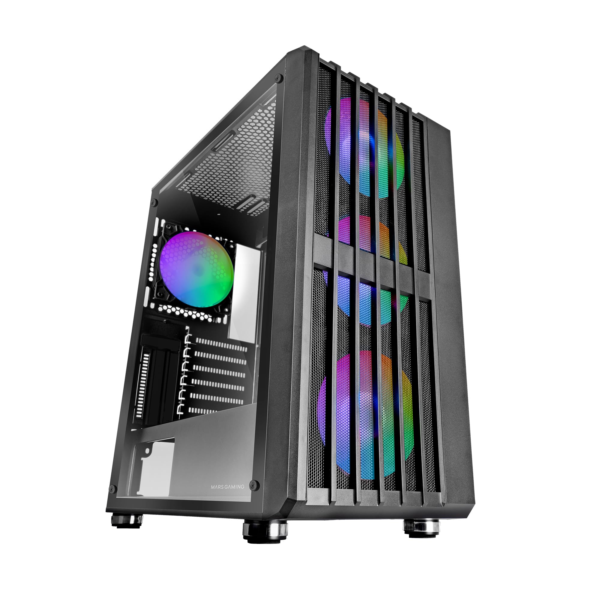 MARSGAMING MC-Vault, Gaming ATX Case, 4 x ARGB 120 mm Fans, Vertical Mesh Front Panel, Tempered Glass Side Window, 3 x Vertical PCI Slots, Professional PC Midi Tower, Black