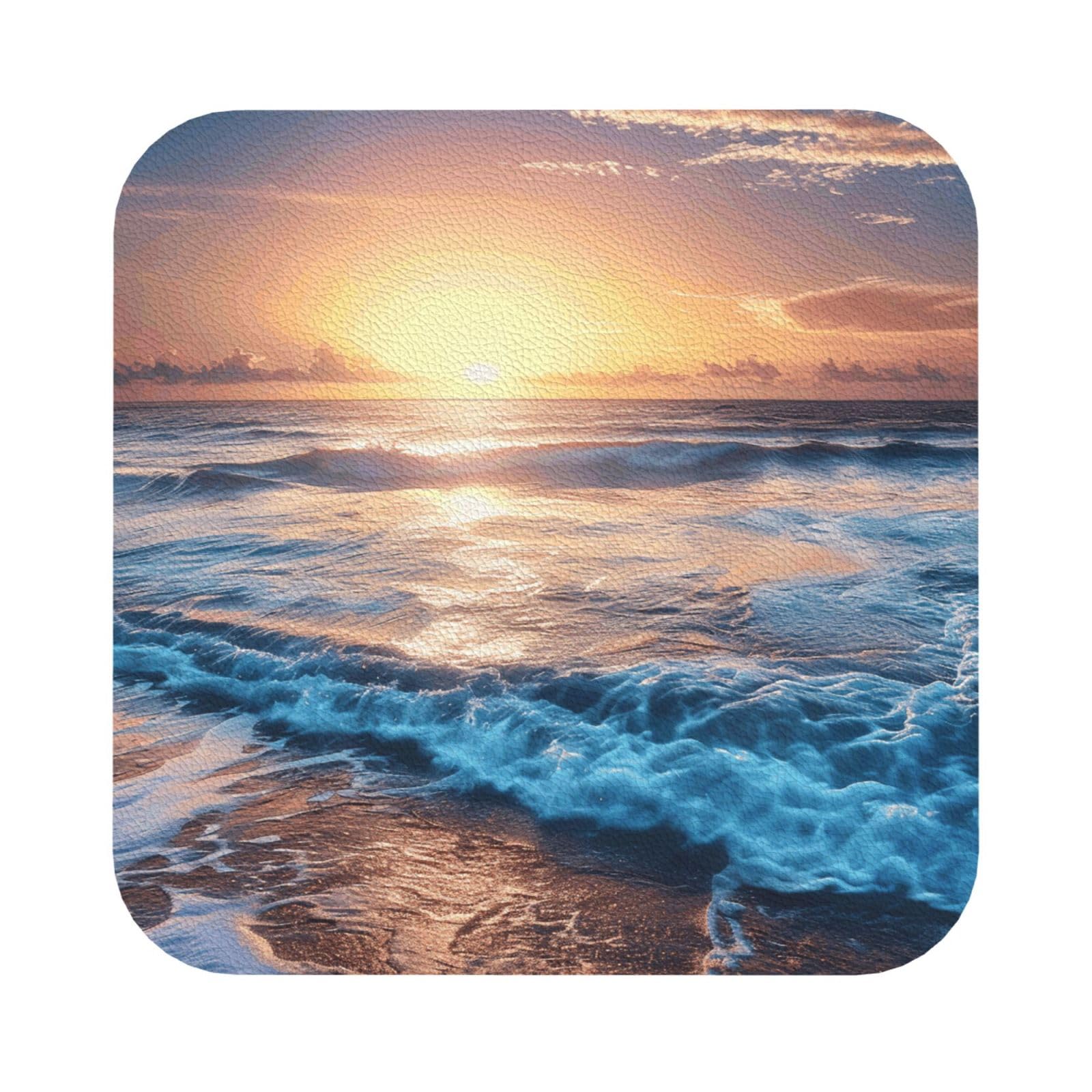 Sunrise Print Leather Coaster Set of 6, Square Coasters Table Decorative Coffee Cup Beverage Coasters Wine Beer Bar Coasters for Hot Drinks Table Protection