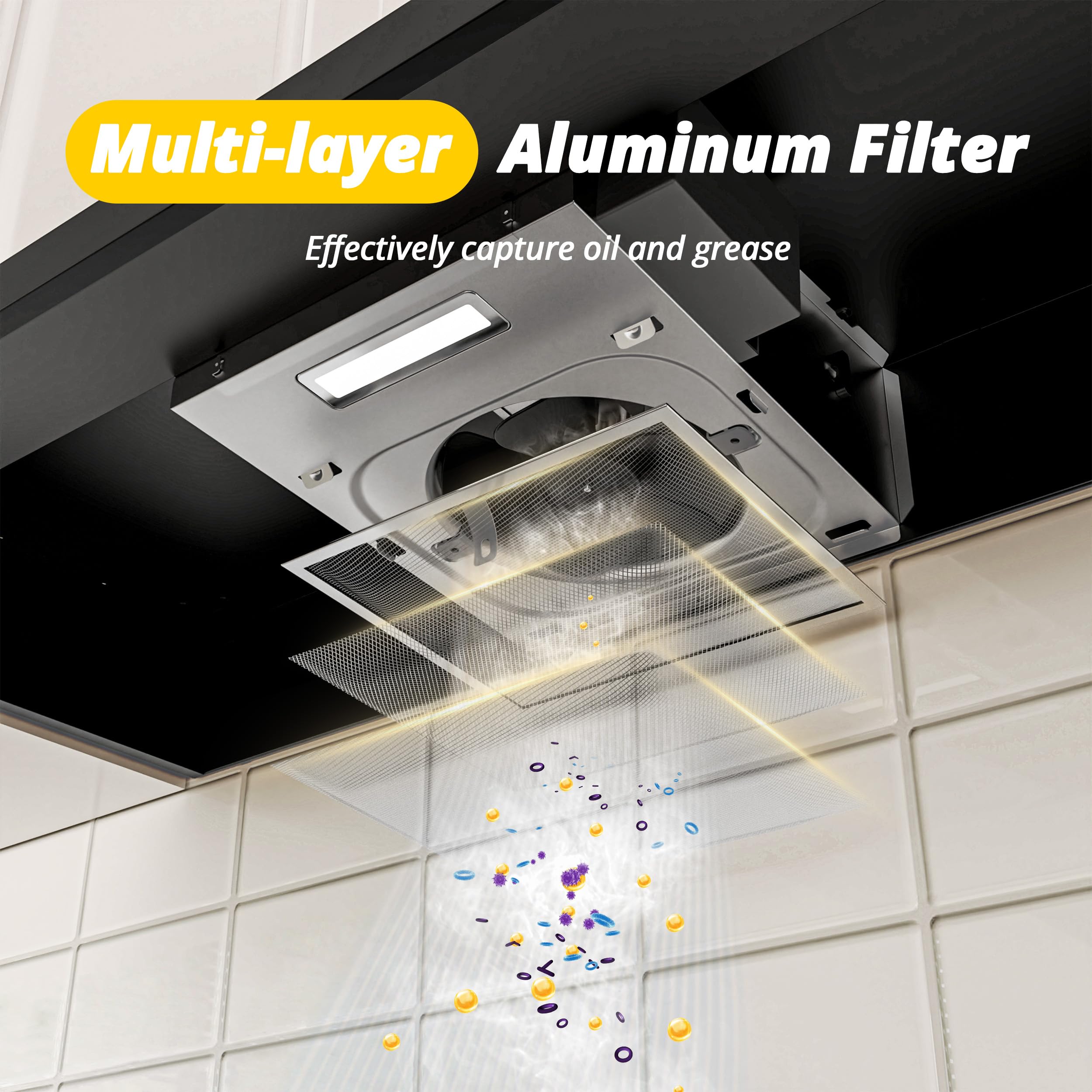 Campana extractora negra de 36 pulgadas para debajo del gabinete, campana de cocina convertible sin conductos/conductos, campana de ventilación de acero inoxidable pintado negro con luz LED, 5