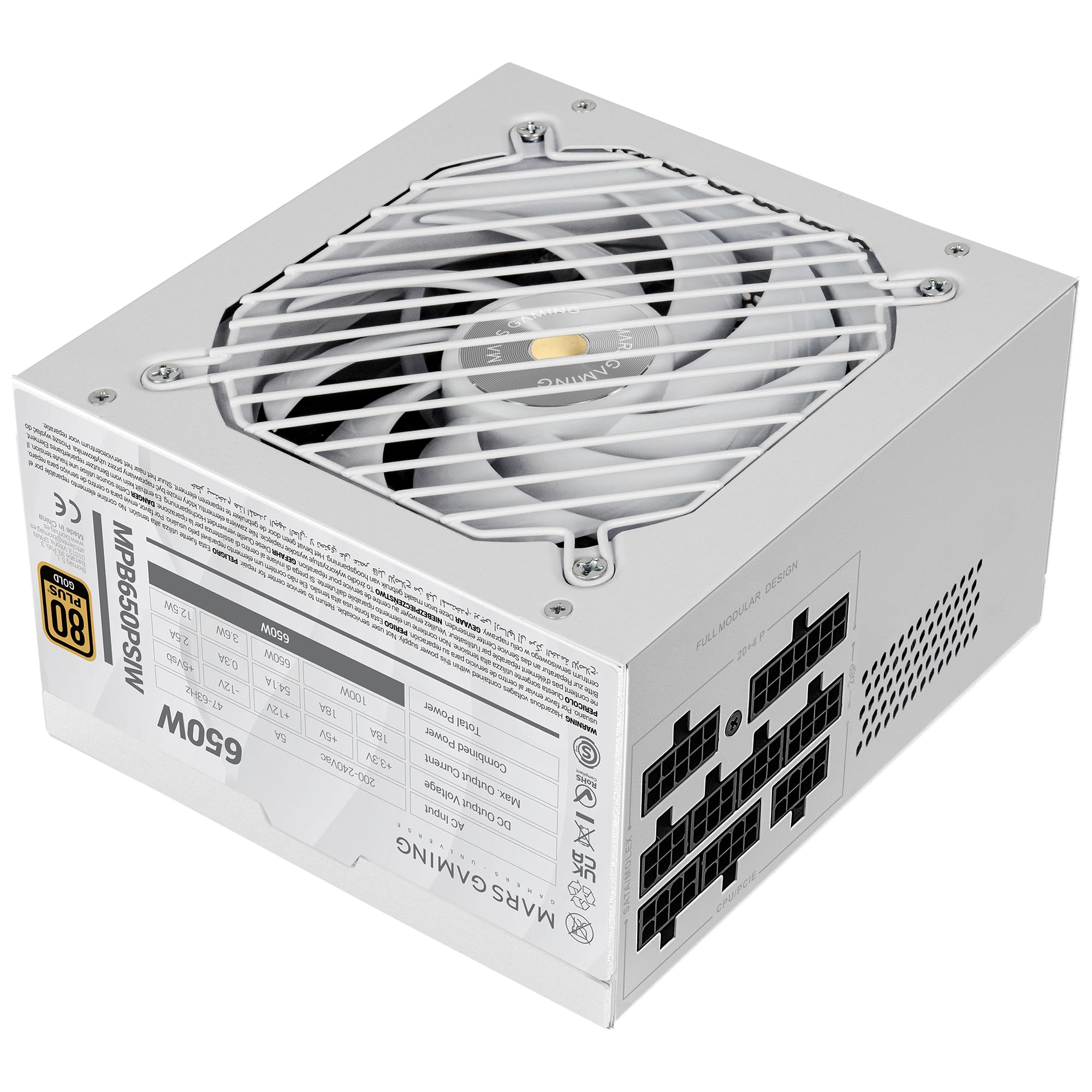 Mars Gaming MPB650PSI, Alimentatore PC Full Modular 650W, 10 Anni di Garanzia, 80Plus Gold 90%, Ventola SI Extreme Silence, Tecnologie AI2-RPM, DC-DC e SMD, ATX 3.1 e PCIe 5.1, Bianco