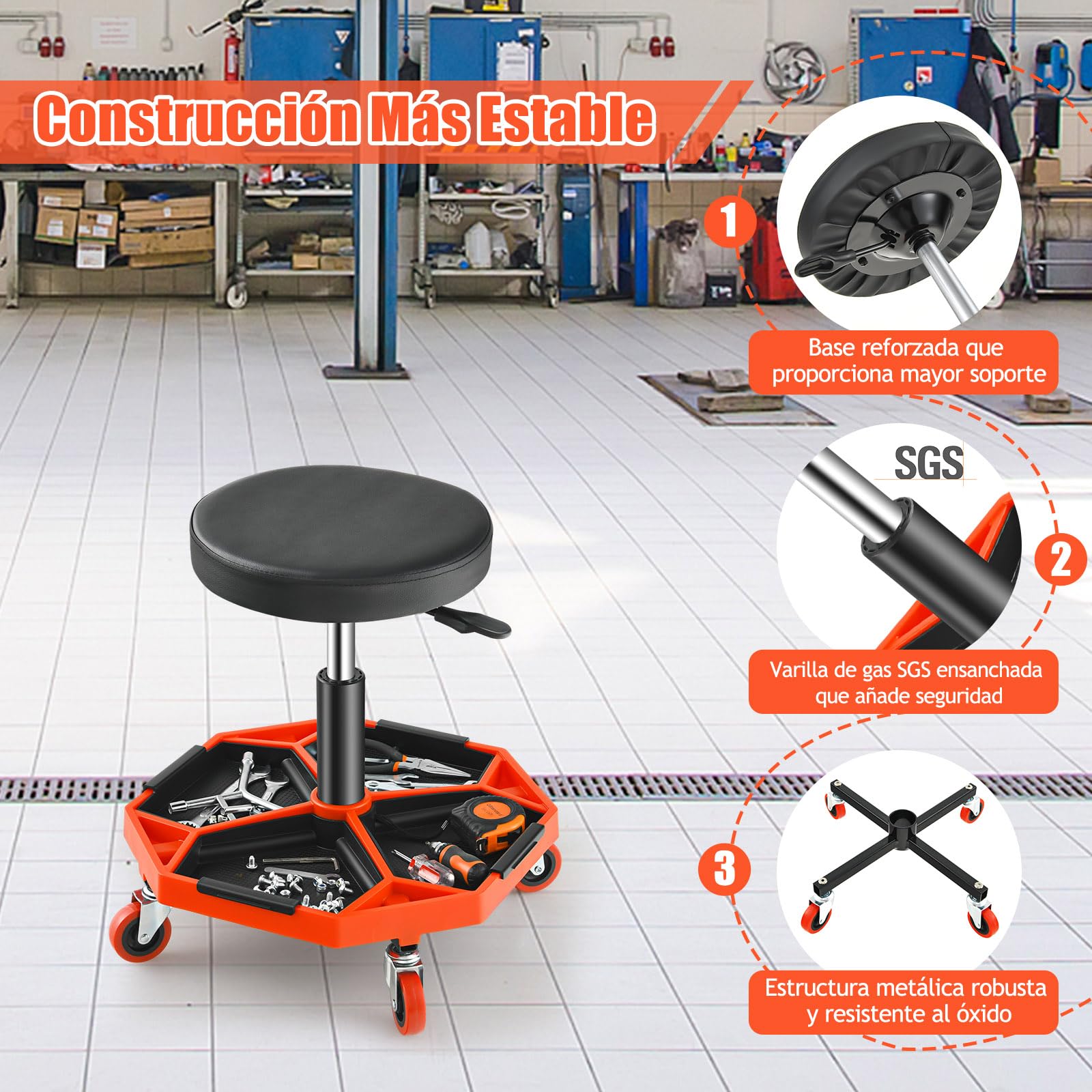 GOPLUS Taburete de Taller con Ruedas 41-56 cm Altura Ajustable, Taburete Mecánico con Bandeja para Herramientas y 4 Ruedas Universales, Carga 150 kg, para Garaje y Taller de Reparación