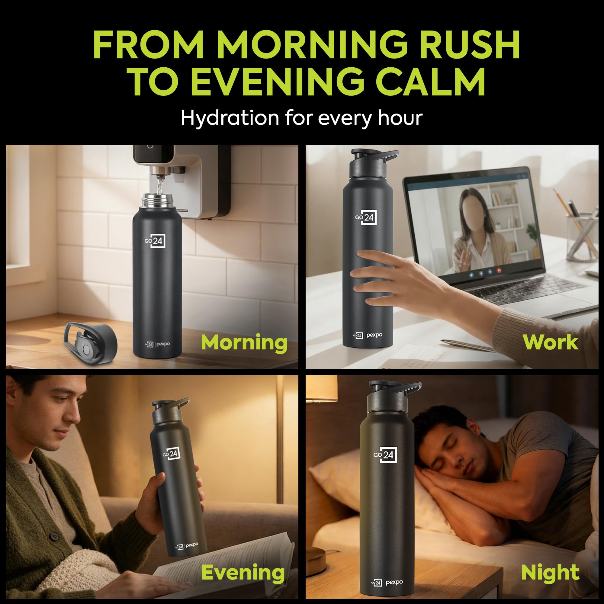 Go24 pexpo Stainless Steel Water Bottle Chromo Knight Black 950ml 3
