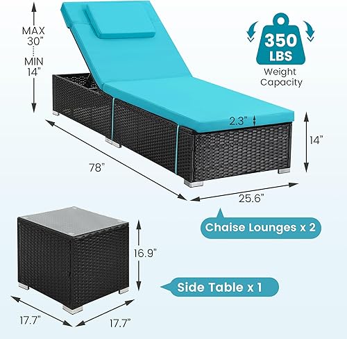 Miniatura 2 de Juego de 2 sillas de mimbre para exteriores, para todo tipo de clima, con mesa auxiliar, respaldo ajustable y cojines lavables para patio, piscina,