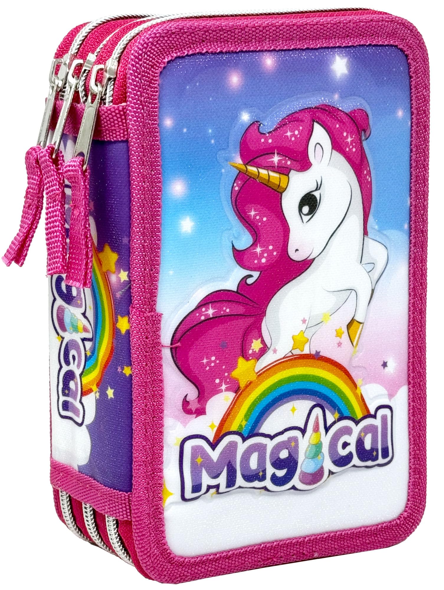 Clondo Unicornio Estuche de Triple Relleno para niñas, 44 Utensilios Escolares, 3 Cremalleras, Lápices de Colores, rotuladores, Tijeras