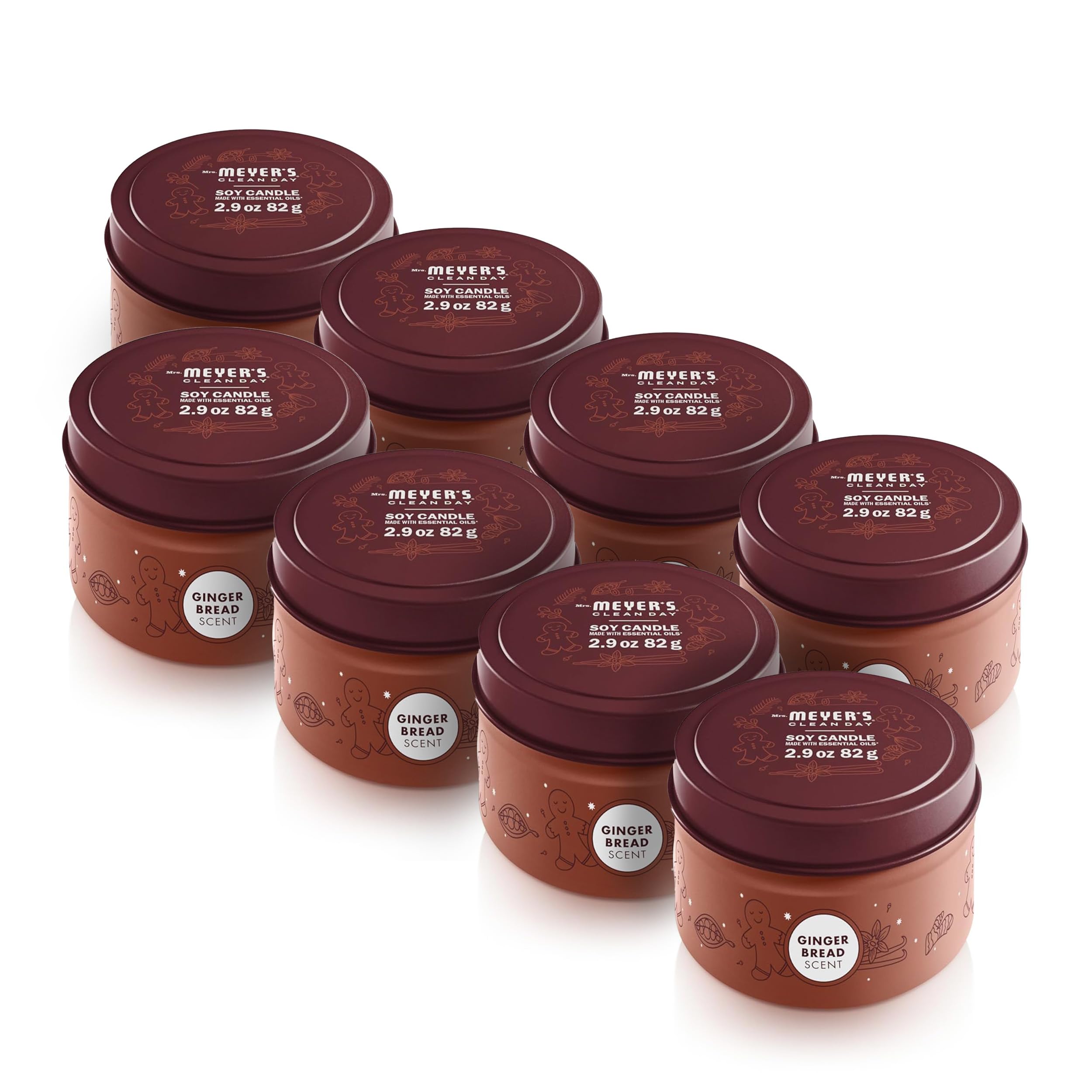 MRS. MEYER'S CLEAN DAY Scented Soy Candle, Tin Candle, Gingerbread Scent, 2.9 oz (Pack of 8)