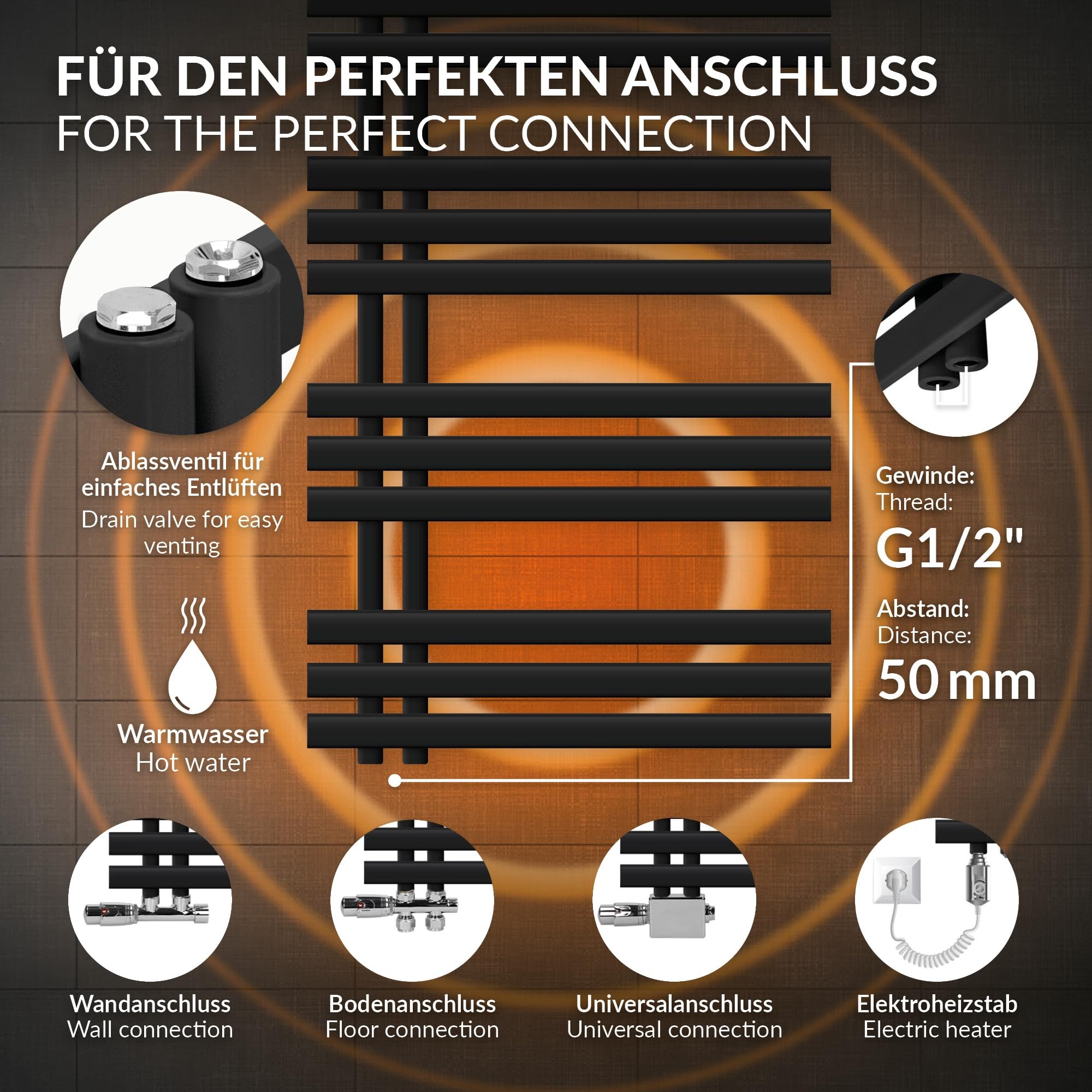 LuxeBath Radiador Eléctrico Iron EM 600 x 1000 mm Negro Mate, Estufa Toallera Vertical con Elemento Calefactor 300W Termostato de Pantalla Digital, Calentador de Pared de Diseño Moderno para Baño