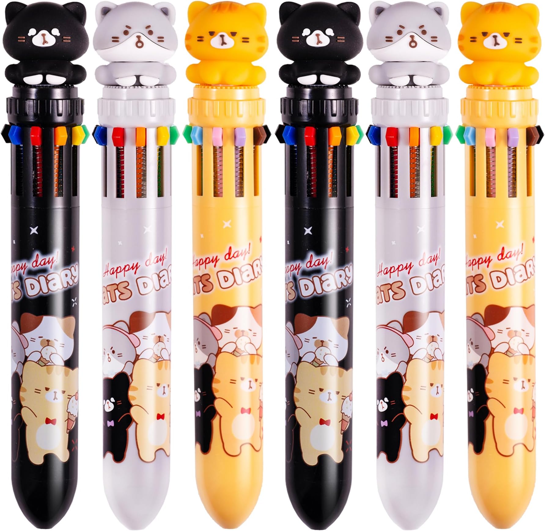 Heliar Multicolor Ballpoint Pen 0.7 mm, 10-in-1 Colored Pens Fine Point Retractable Cute Cartoon Cat Ballpoint Pens for Office School Supplies Students Kids Gifts, 6 Pack