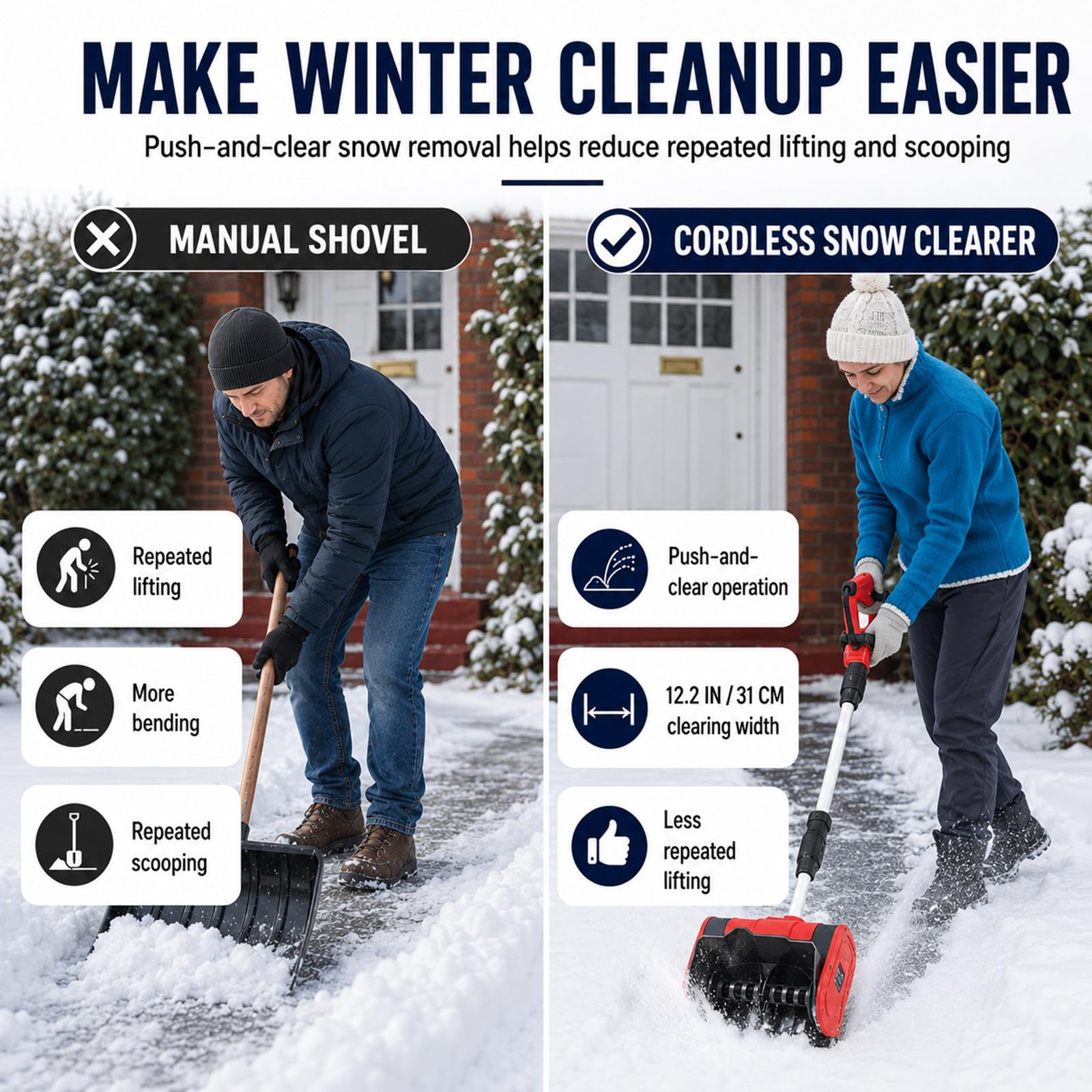 Pala da Neve elettrica 21 V con Batteria da 3,0 Ah, Motore da 1000 W, Larghezza 31 cm e Lancio Fino a 8 m per vialetti, marciapiedi, terrazze e ingressi di casa in Inverno