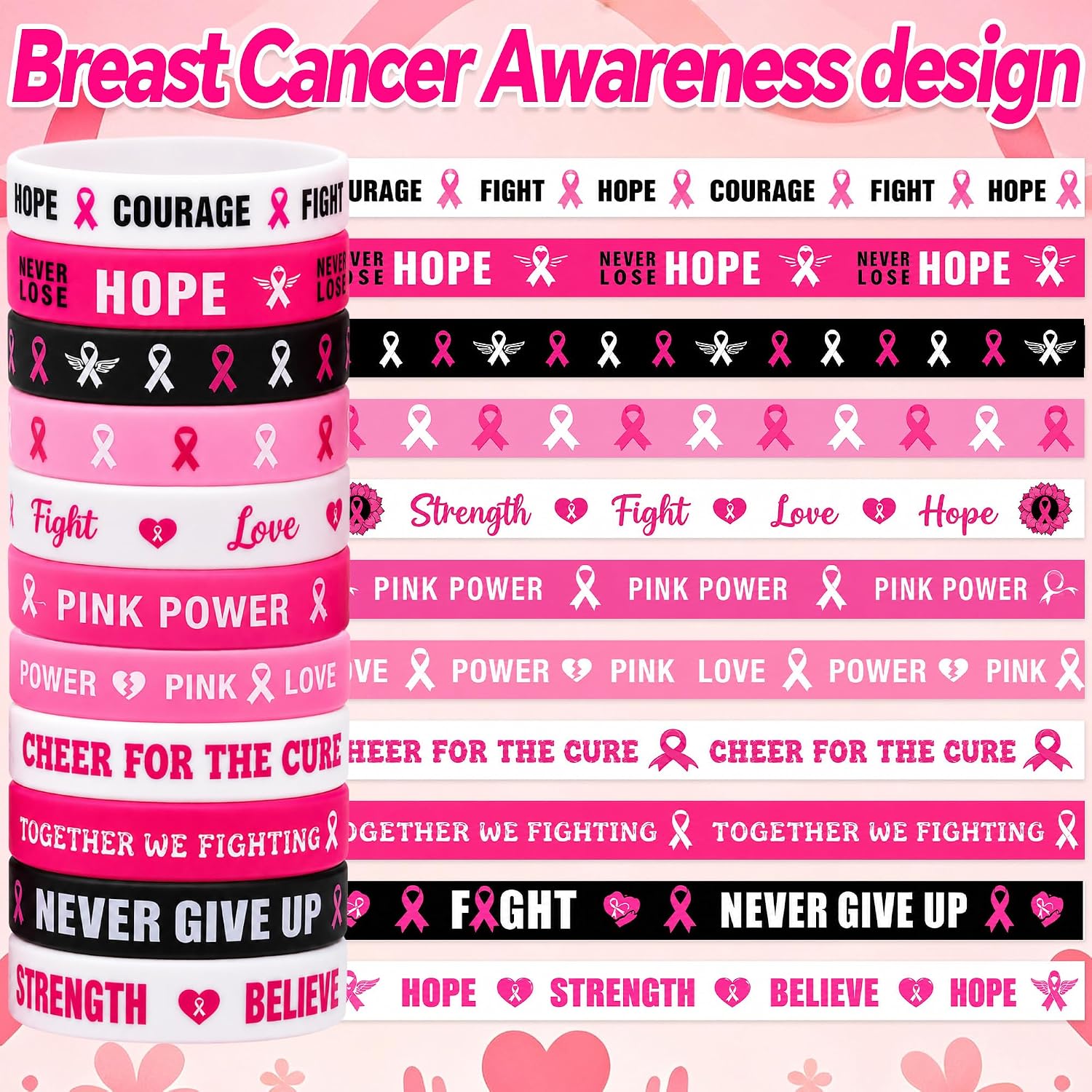 JMUQ 144/250Pcs Breast Cancer Awareness Bracelets Bulk Silicone Wristbands