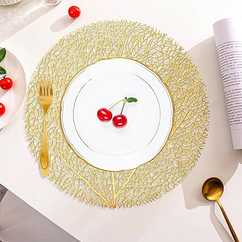Juego de 6 manteles individuales redondos dorados con huecos, manteles individuales redondos de vinilo prensado, manteles individuales de hojas para
