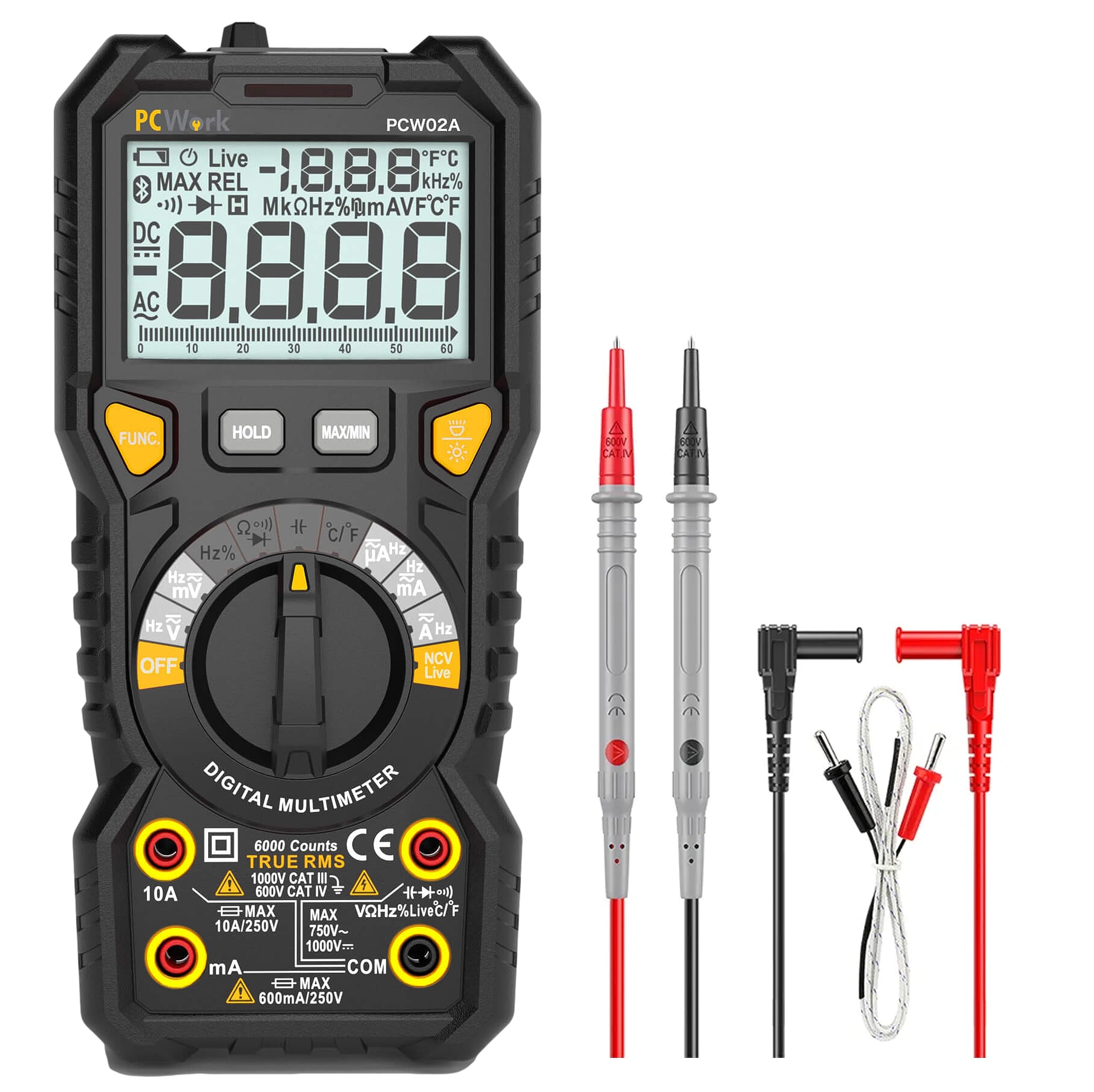 Multimetro digitale professionale PCW02A, multimetro 1000 V, TRUE RMS, grande display LCD, range auto, prese LED illuminate, misuratore di corrente, tester di continuità, misuratore di capacità