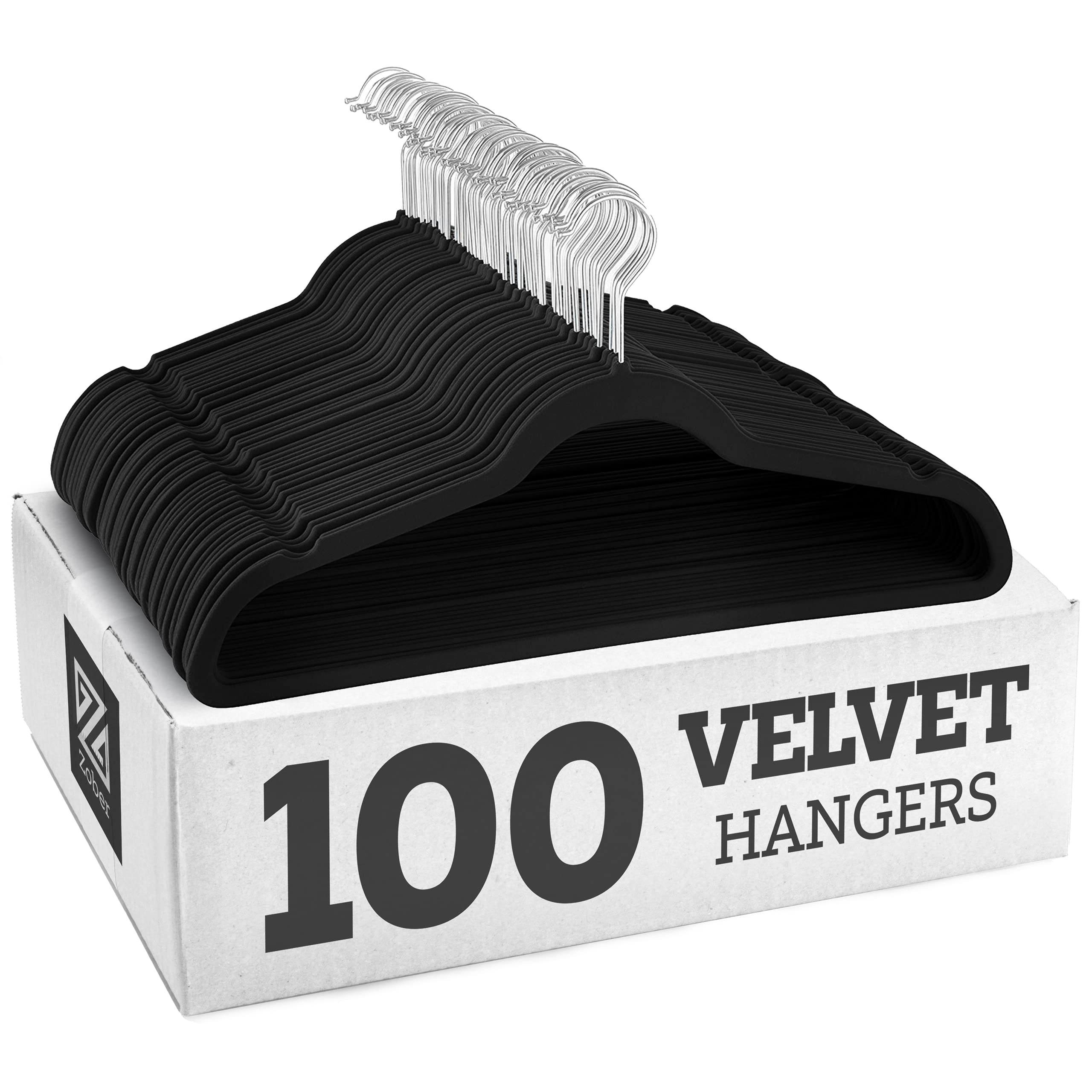 Zober Velvet Hangers 100 Pack - Heavy Duty Black Hangers for Coats, Pants & Dress Clothes - Non Slip Clothes Hanger Set - Space Saving Felt Hangers for Clothing