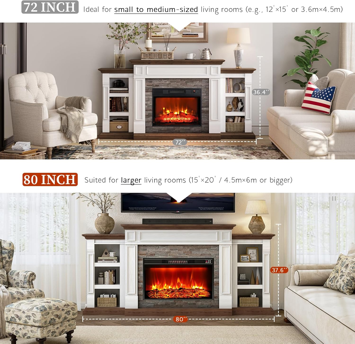 LGHM 80" Electric Fireplace with Mantel, Fireplace TV Stand for TVs Up to 90 Inch,Farmhouse Entertainment Center with Storage, 30'' Fireplace Heater Insert with 3D Flame Effect for Living Room