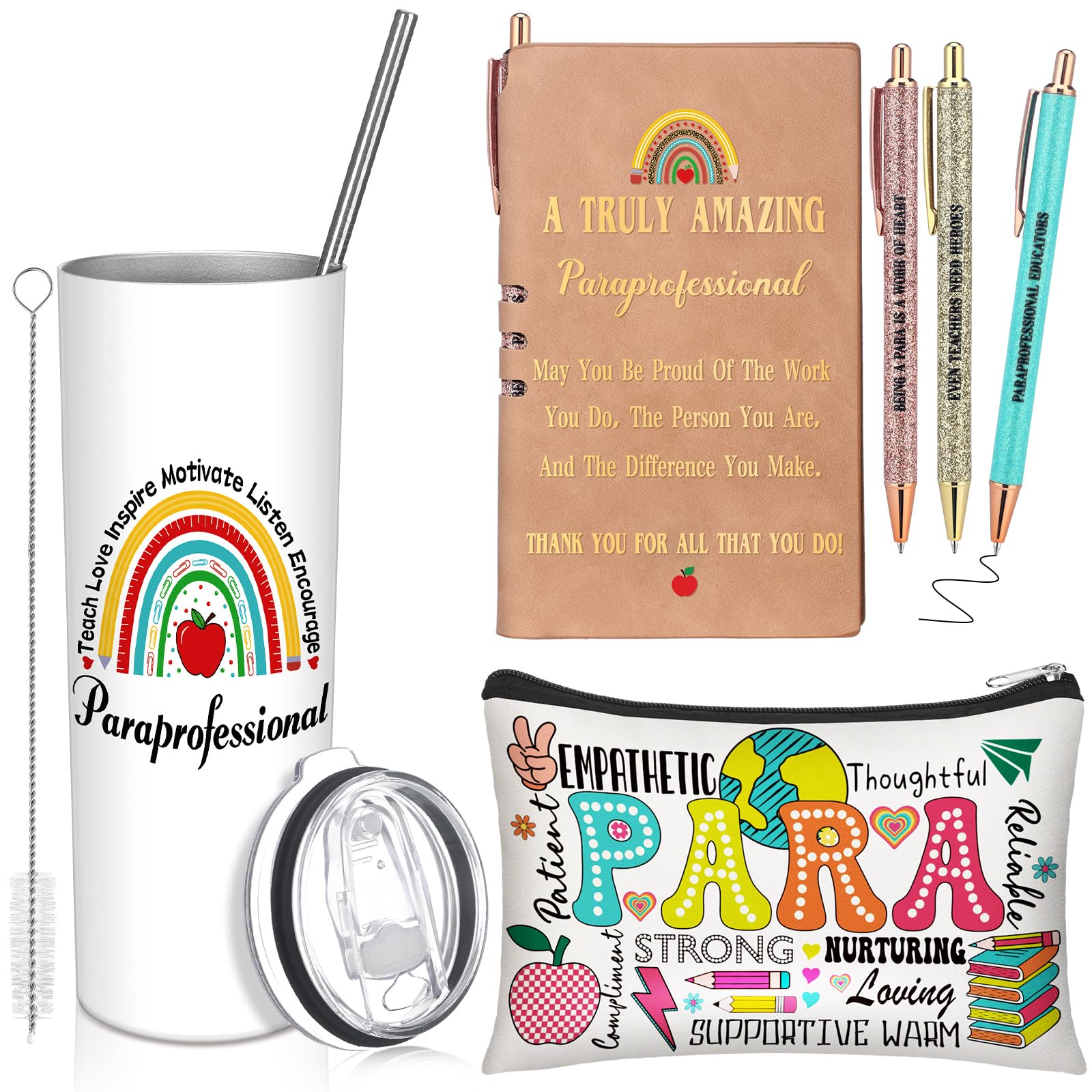 Patelai 6 Pcs Nurse Paraprofessional Gifts Teacher Thank You Gifts for Women 20oz Stainless Steel Tumbler Makeup Cosmetic Bag Pen Notebooks Gift for Nurse CNA Teacher Assistant
