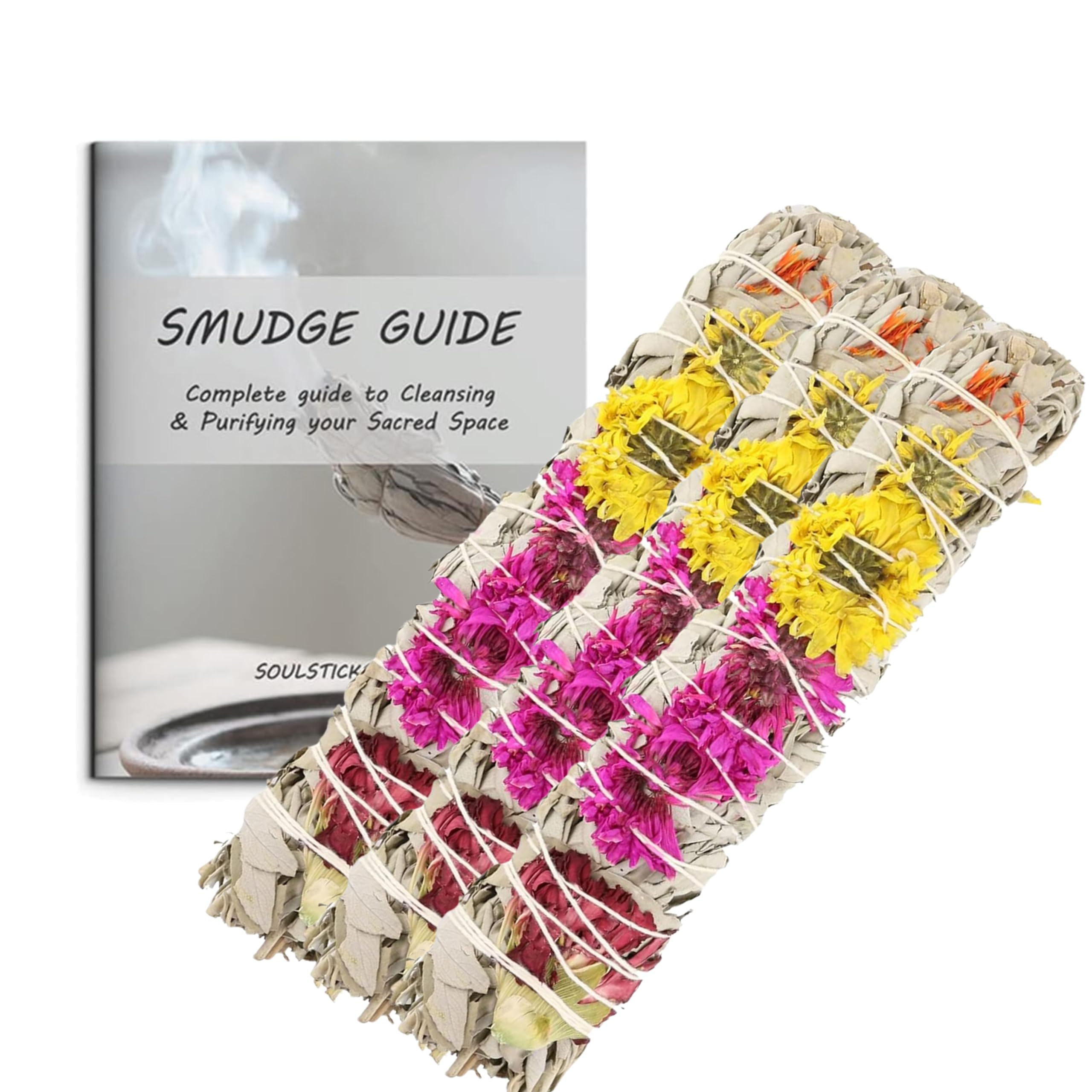 Joy Organic White Sage Smudge Sticks with Flowers for Cleansing Home, Meditation, Yoga, Healing and Smudging | Sustainably Sourced California White Sage Bundles (3 Pack - 9 Inch)