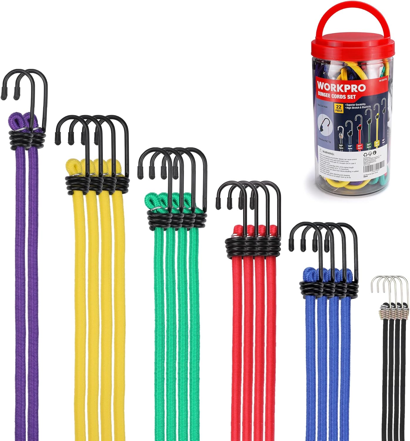 WORKPRO Bungee Cords Heavy Duty Outdoor - 22 PCS in Storage Jar ...
