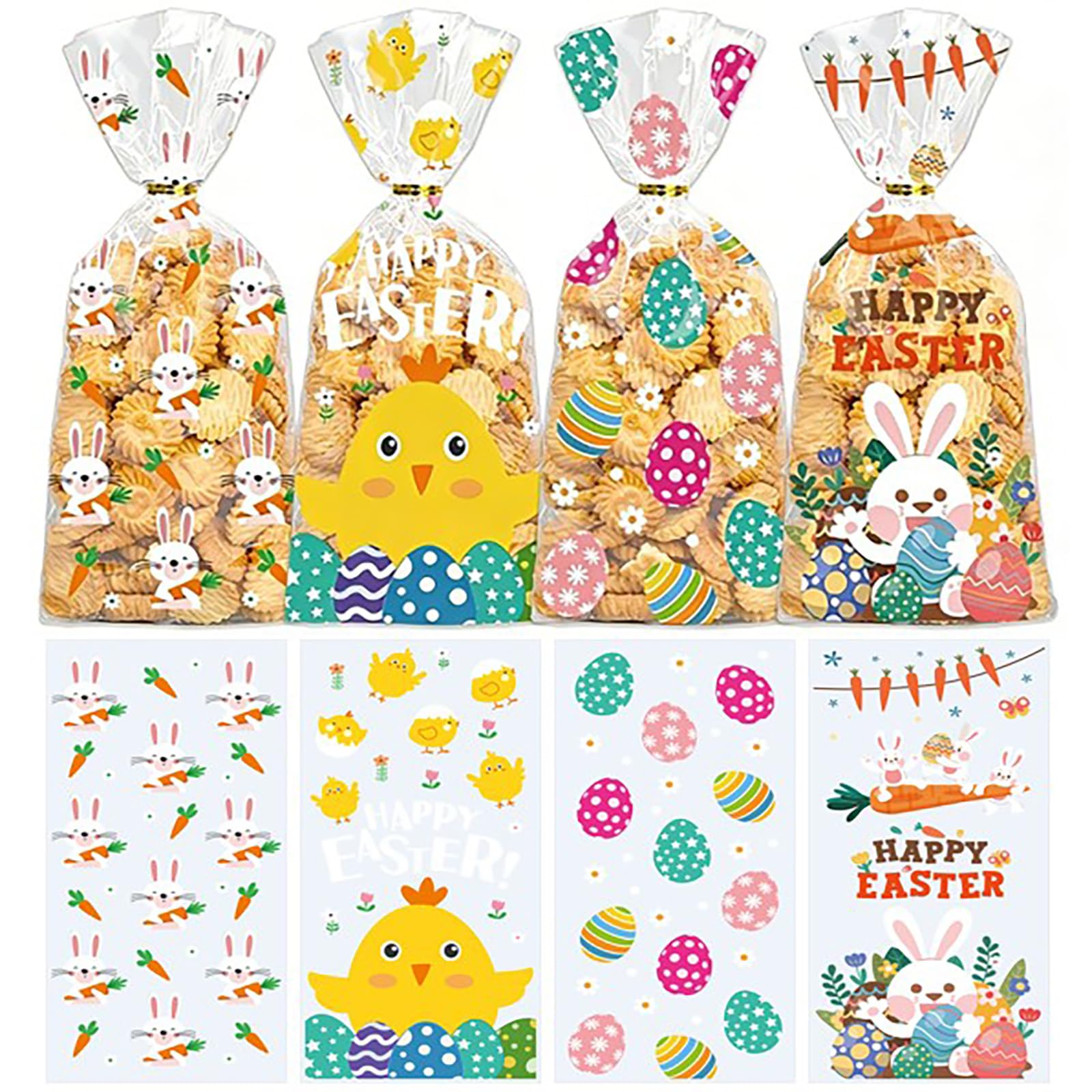 YUNNINGMENG 100 PCS Plätzchentüten Ostern, 100 Stück Cellophantüten Ostern mit 110 Stück Goldbändern, 4 Oster-Motive, Transparente Backtüten für Kekse, Süßigkeiten, Schokolade, Nüsse