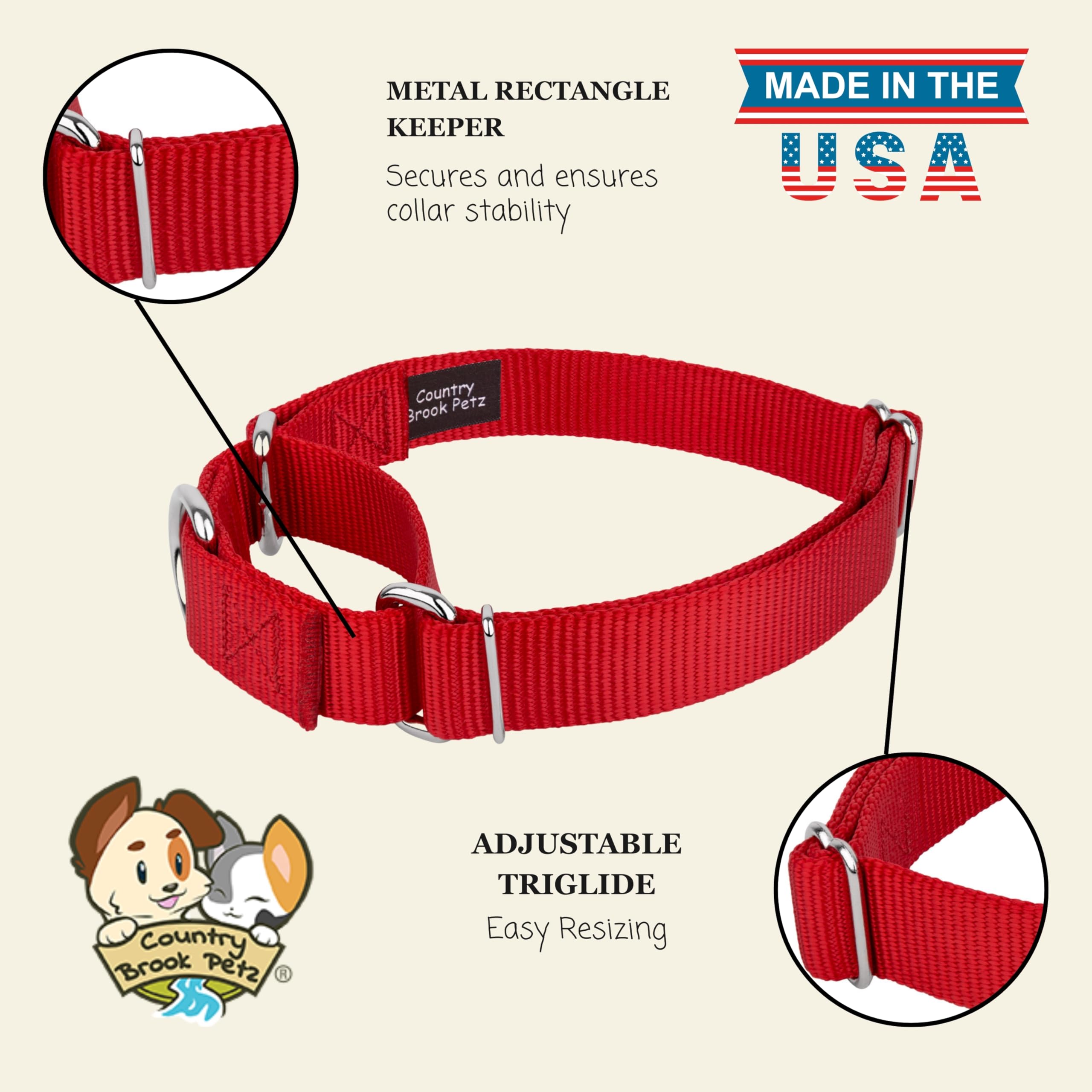Country Brook Petz Martingale-Hundehalsband, robustes Trainingshalsband ohne Schnalle, Service-Hundehalsband für alle Welpen, 20 leuchtende Farben (Rot, 2,5 cm, Größe M)