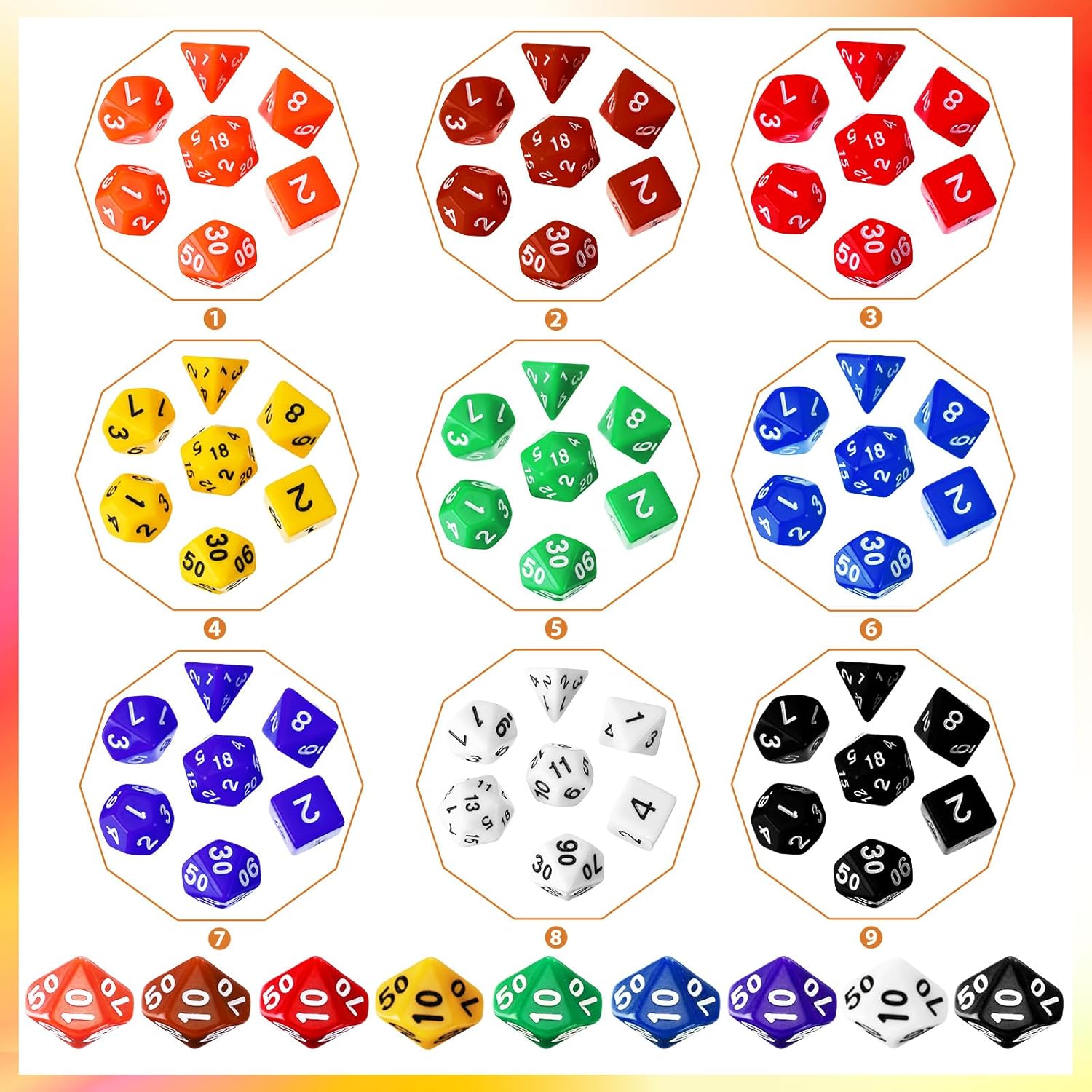 Yilloog 105 Pcs Dice Sets Bulk with Drawstring Bag Polyhedral Dice Sets Multi Role Playing Table Game D4 D6 D8 D10 D% D12 D20 (Basic Style)