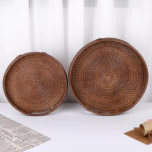 Miniatura 6 de Hipiwe Bandeja redonda de ratán con asas, bandeja decorativa tejida para mesa de café, pequeña bandeja otomana de mimbre para servir desayuno,