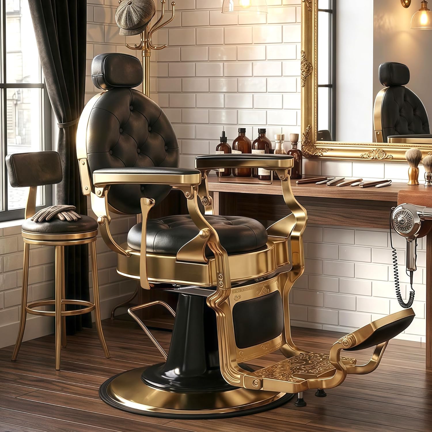 Vintage Barber Chair, Heavy Duty Recline Hair Barber Chair for Barbershop with Removable Headrest, Supports up to 550lbs & 360° Swivel, Professional Salon Beauty Spa Shampoo Equipment, Black Gold