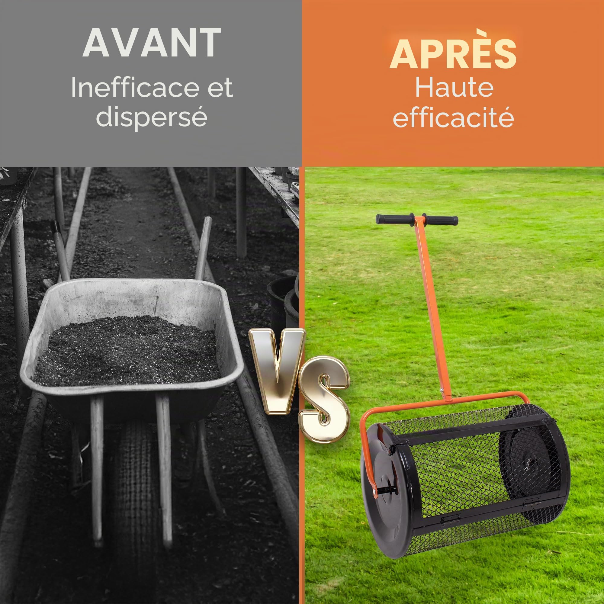 BOUDECH Spreader - Épandeur à rouleau de jardin, 60 x 107 x 39,5 cm, pour engrais et semis, cage en métal, orange