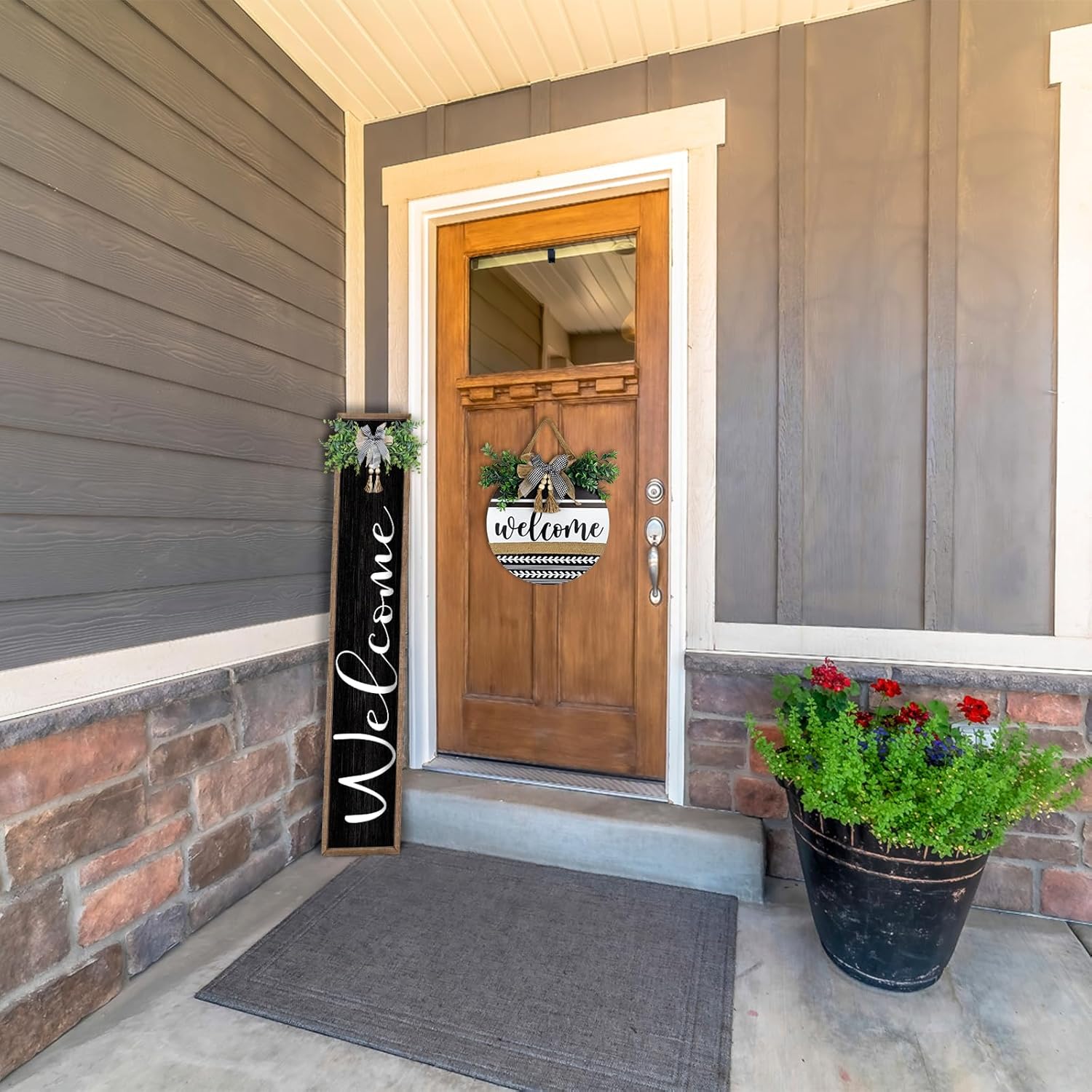 Welcome Sign for Front Porch Standing 45"X9" Large Outdoor Decor Rustic Vertical Leaner Wood Frame Porch Tall Welcome Signs for Farmhouse Outside Front Door Decorations (Wood Black)
