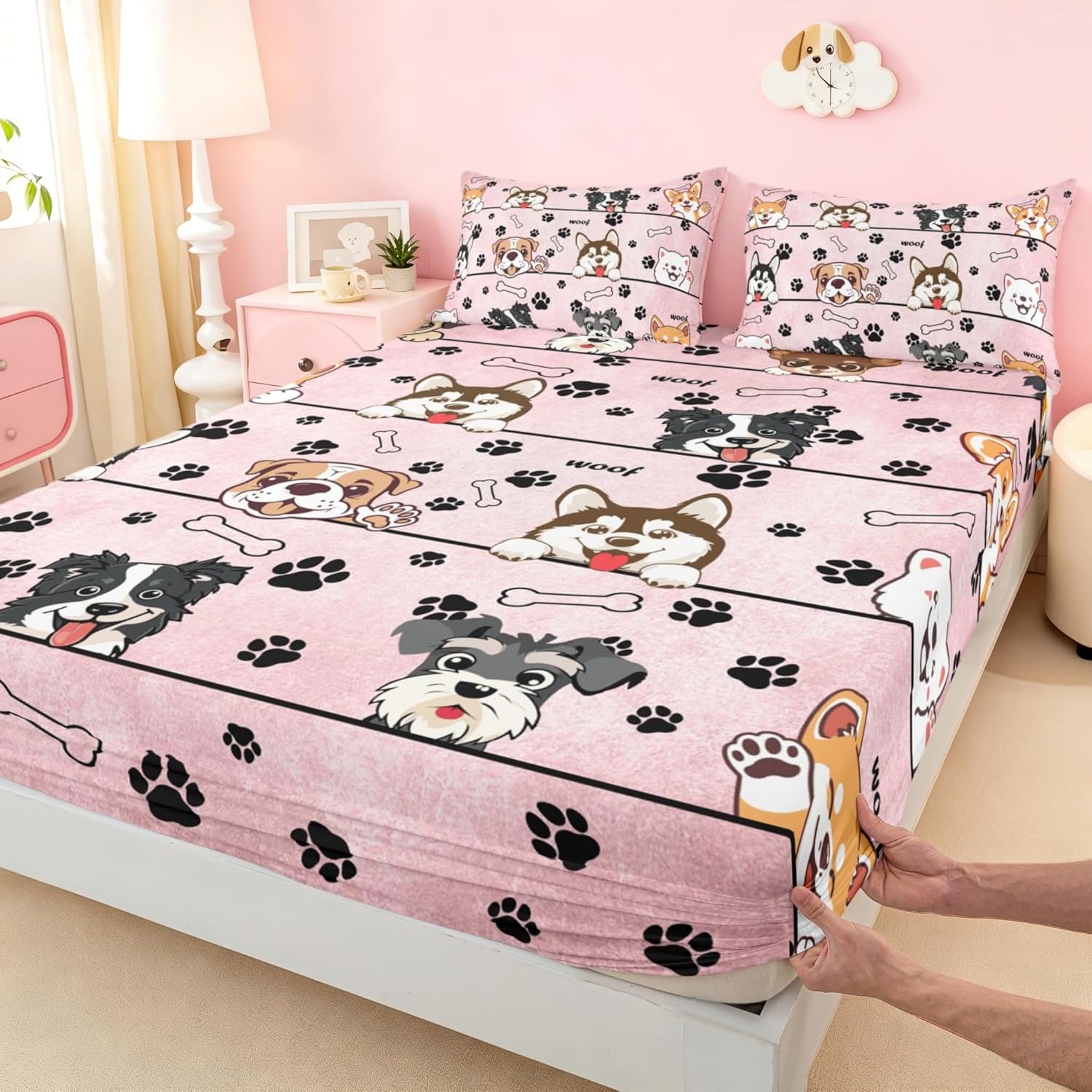 Cartoon Puppy Pet Animals Bed Sheet Set 3 Pieces,Black Paw Bone Print Pink Microfiber Bedding Set with Flat,Cute Dog Fitted Sheet,2 Pillow Cases,Full Size No Flat Sheet