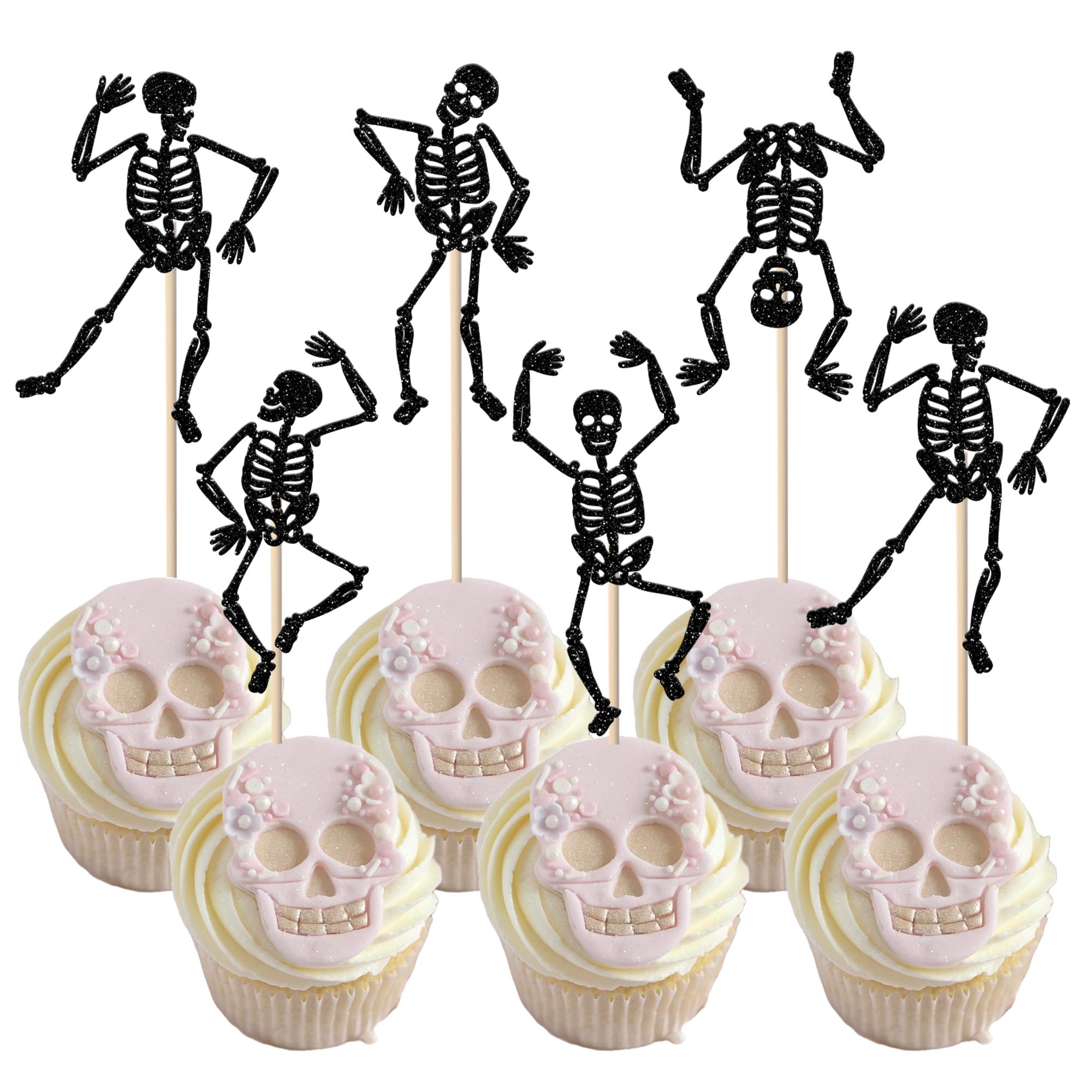 Pack of 30 Skull Cake Decorations Glitter Spooky Halloween Themed Cupcake Toppers for Happy Halloween Theme Birthday Party Cake Decorations Black — image 1